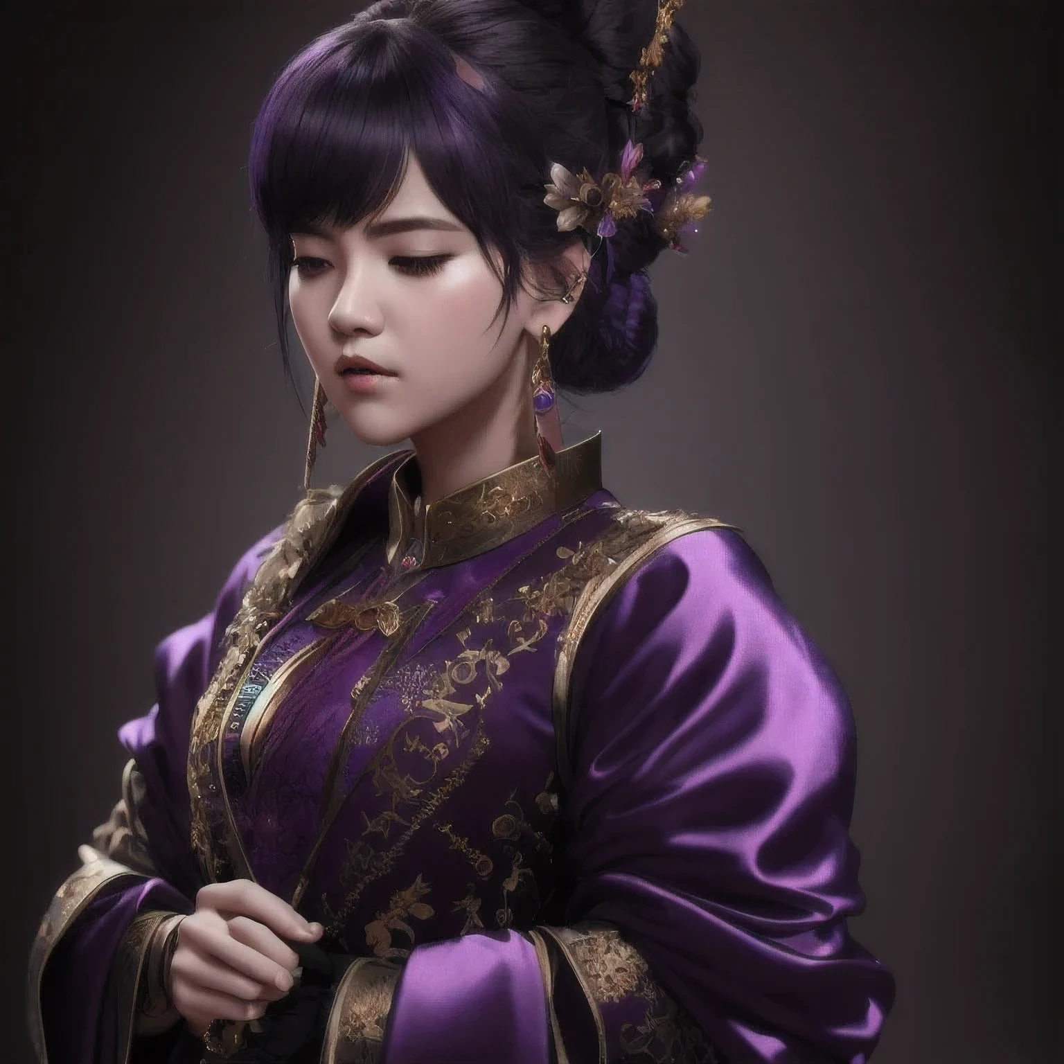 there is a 18 years old in a purple dress holding a dragon, wlop and ross tran, ross tran 8 k, fantasy art style, chengwei pan on artstation, a beautiful fantasy empress, ross tran and wlop, ruan jia and artgerm, the dragon girl portrait, ig model | artgerm, artgerm and ruan jia，beautiful
1girl
bangs
深绿 eyes
closed mouth
ear piercing
earrings
grey background
hair ornament
jewelry
lips
looking at viewer
military
military uniform
nose
piercing
portrait
realistic
short hair
simple background
solo
upper body