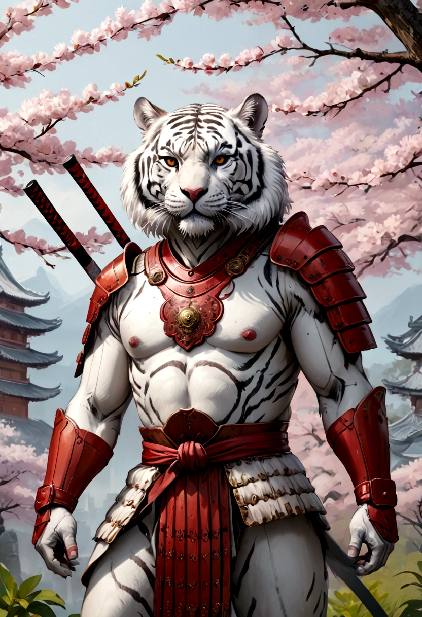 ((obra de arte)), (melhor qualidade), (Cinematic),(Desenho altamente preciso em todos os detalhes)(representação extremamente precisa)completo_corpo_tomada, um impressionante tigre branco(tigre siberiano branco) (with all tiger specific corpoparts) com pele esvoaçante parcialmente mais longa, vestido com uma antiga armadura vermelha de samurai com capacete de samuraicapacete e katana e nodachi faz pose de luta em frente ao templo com flores de cerejeira. o cenário é absurdo, mas inspirador. linhas de alta qualidade,Fundo liso,1 desenho de linha,fundo aquarela plano,