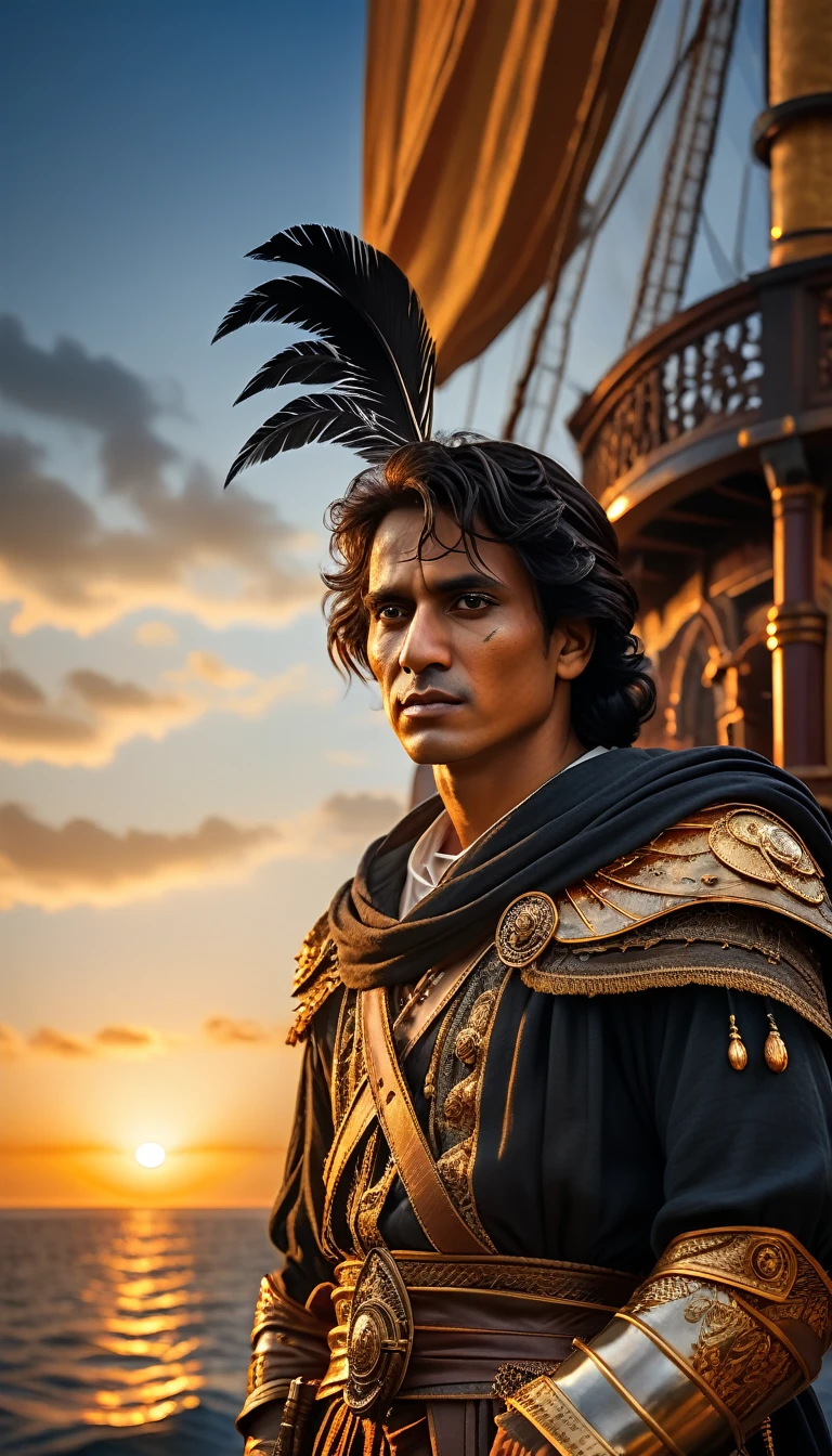 As the sun began to set, The warm golden hues of the sun illuminated his ornate attire, casting a warm glow across the area, Julius Caesar writing poetry on a pirate ship, background dark, hyper realistic, ultra detailed hyper realistic, photorealistic, Studio Lighting, reflections, dynamic pose, Cinematic, Color Grading, Photography, Shot on 50mm lens, Ultra-Wide Angle, Depth of Field, hyper-detailed, beautifully color, 8k,