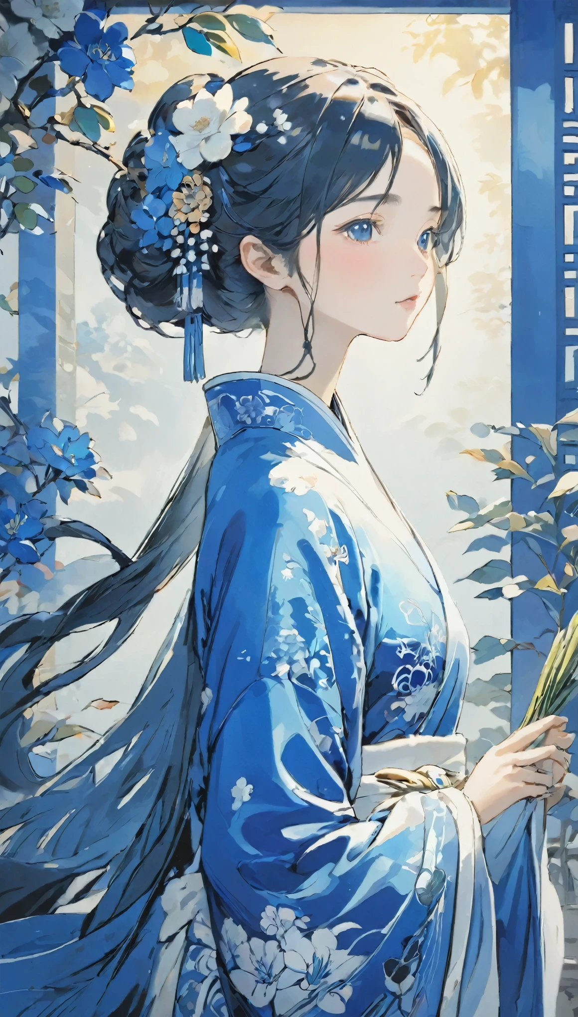 picture，Blue and white dress，Woman with flowers in her hair，Blue and white porcelain style，Hanfu girl，chinese art style，Beautiful character picture，Chinese picture painting style，It has a Chinese aesthetic.，Chinese style，Beautiful artwork illustration，traditional chinese art，Oriental art style，Blue and White Porcelain Exhibition，Beautiful anime portrait character composition in the bottom left corner，The upper right corner is decorated with a blue and white porcelain background，（Loss of focus，Out of focus，Soft Lighting，Light，Skylight，hyper HD）