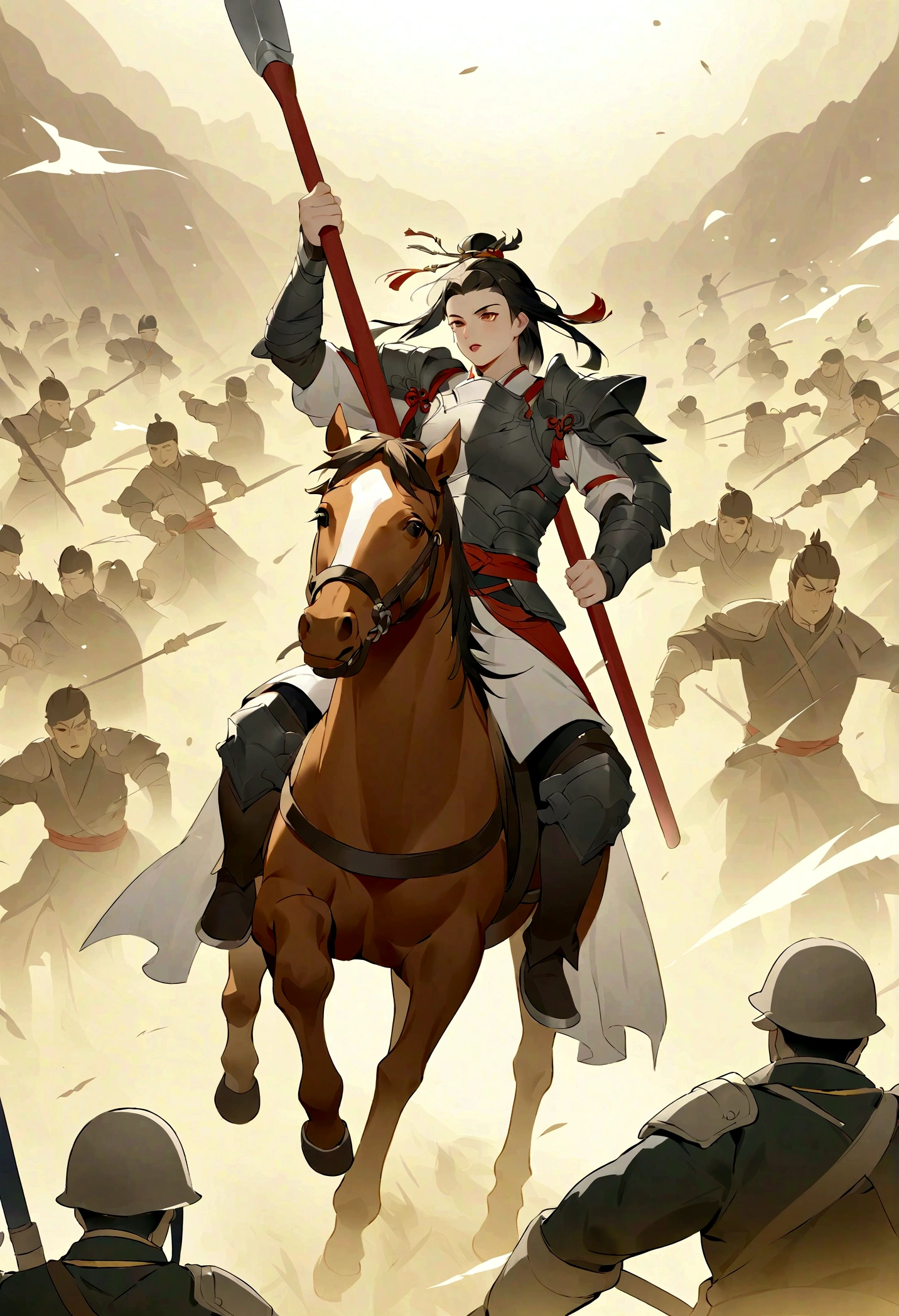 yaya，Three Kingdoms, Zhao Zilong, horse riding, wielding spears, Heroic and fearless, Wear armor, Behind it is the battlefield, Soldiers charge into battle, flint, Fight heroically