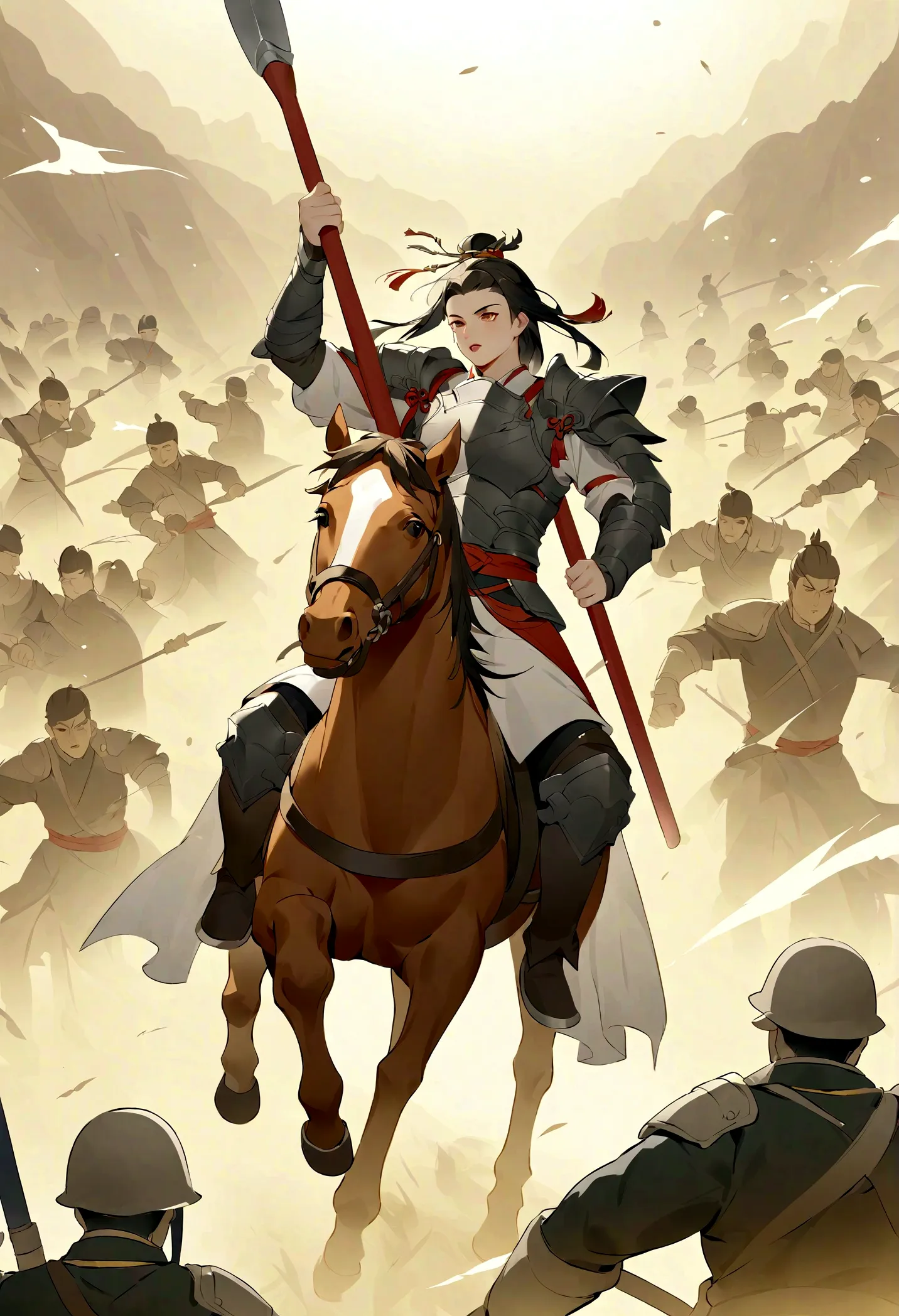 yaya，Three Kingdoms, Zhao Zilong, horse riding, wielding spears, Heroic and fearless, Wear armor, Behind it is the battlefield, ...