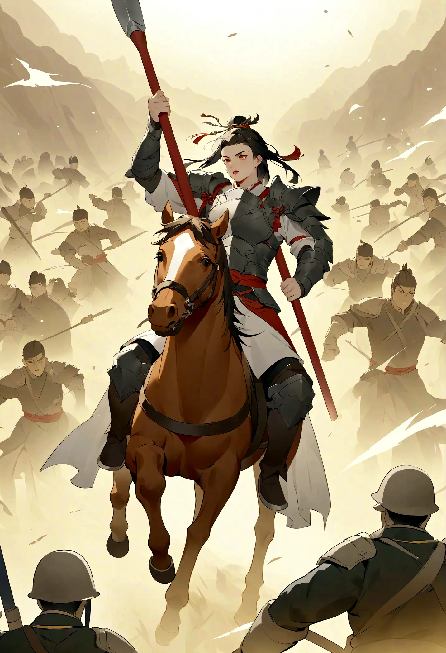 yaya，three kingdoms, zhao zilong, horse riding, wielding spears, heroic and fearless, wear armor, behind it is the battlefield, ...