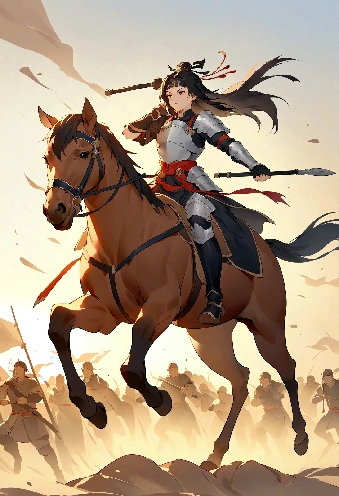 yaya，three kingdoms, zhao zilong, horse riding, wielding spears, heroic and fearless, wear armor, behind it is the battlefield, ...