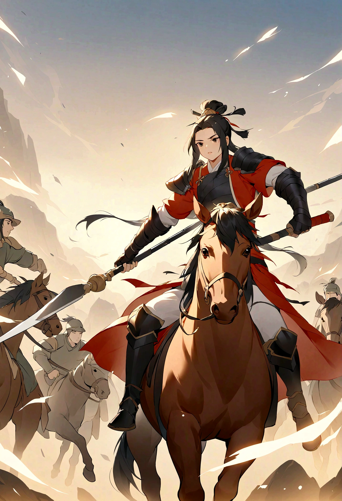 yaya，Three Kingdoms, Zhao Zilong, horse riding, wielding spears, Heroic and fearless, Wear armor, Behind it is the battlefield, Soldiers charge into battle, flint, Fight heroically