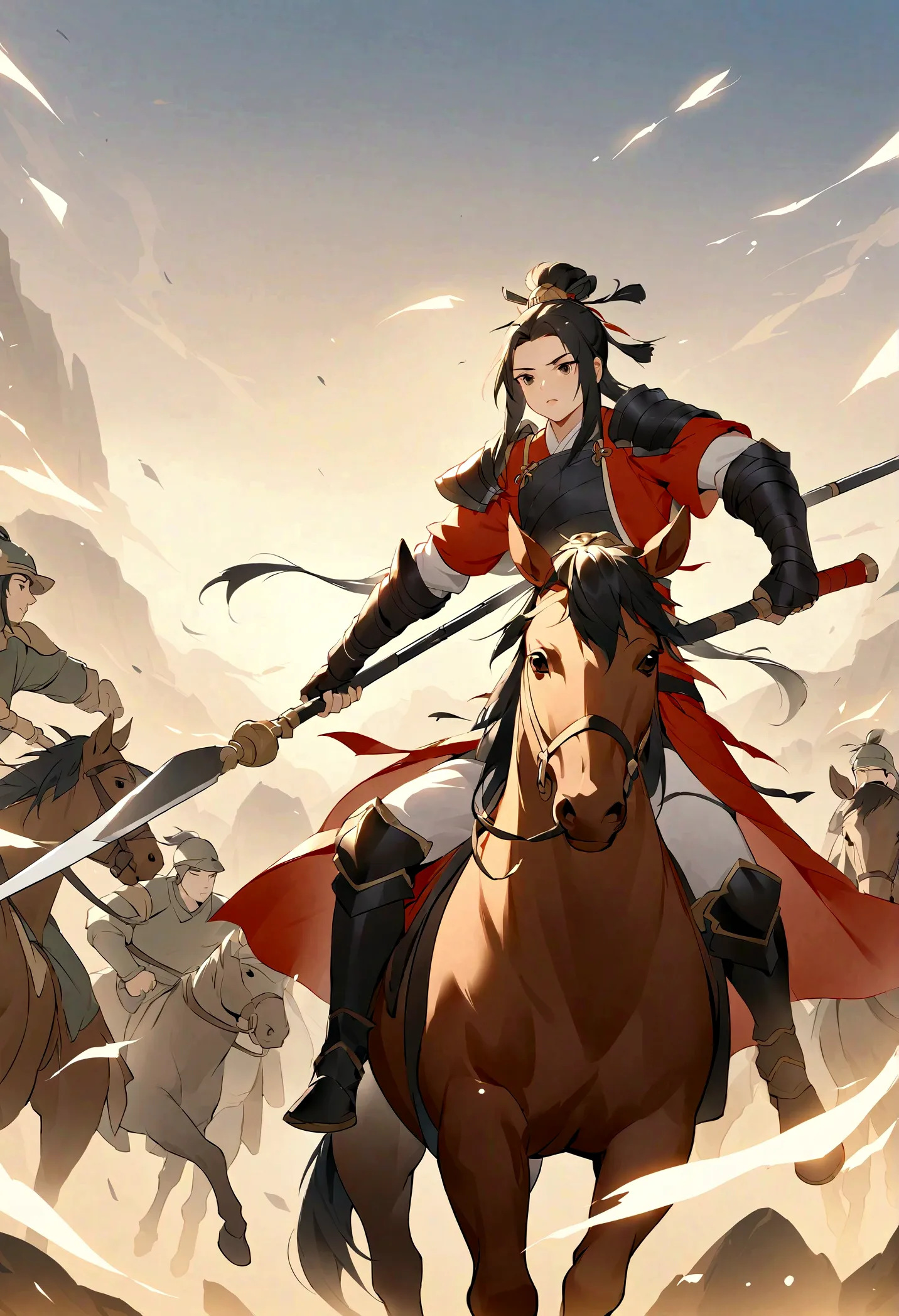 yaya，Three Kingdoms, Zhao Zilong, horse riding, wielding spears, Heroic and fearless, Wear armor, Behind it is the battlefield, ...