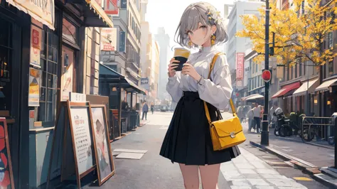 (masterpiece:1.2), highest quality,Pixiv,pretty girl , 1 girl, flower, cup, have, Bob Hair, Gray Hair, bag, High heels, food, je...