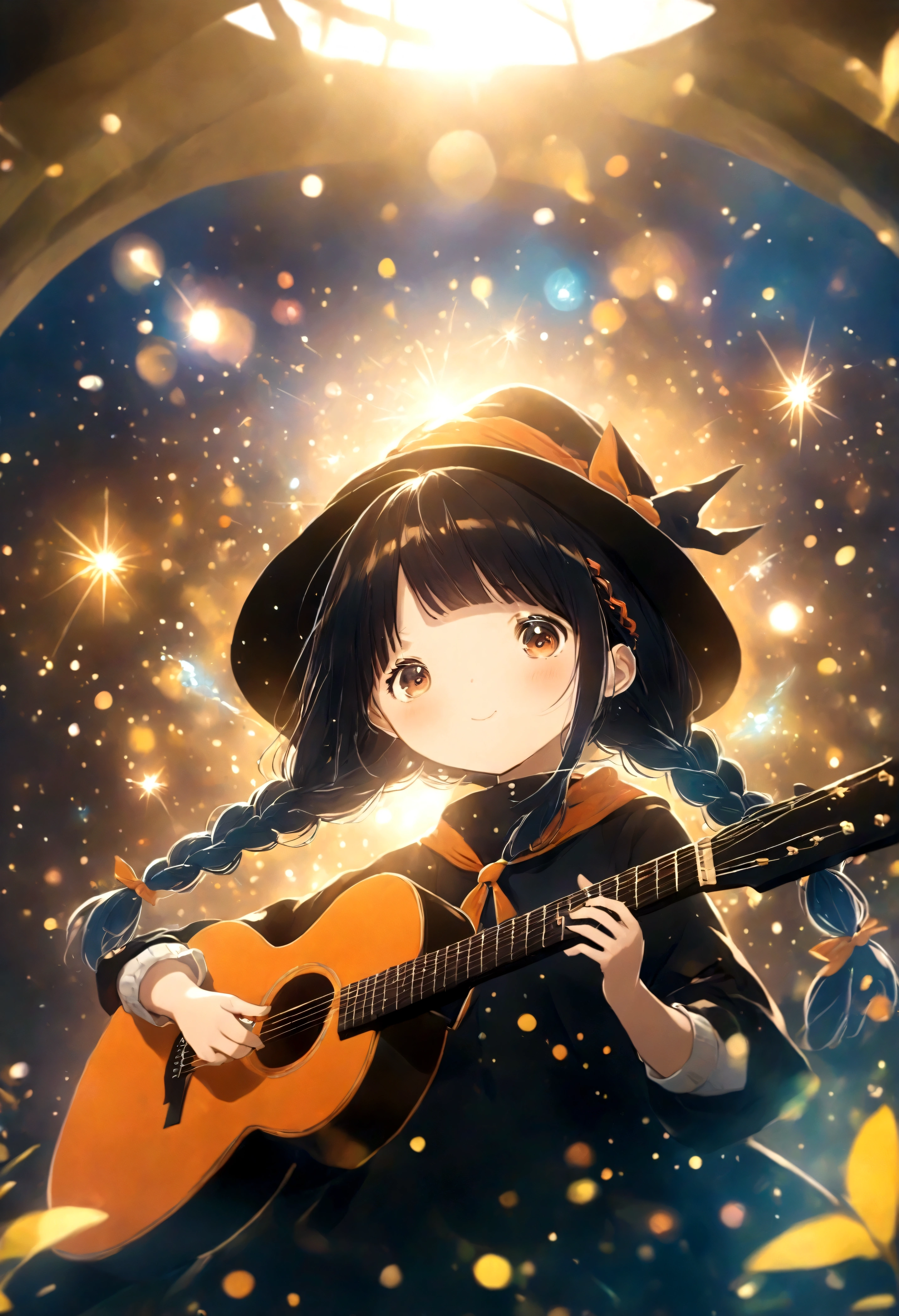 With red twin braids、, Cute anime style Hagrid, a young witch, Anime cute art style, Marisa Kirisame, Witch Girl, Anime Characters, as an Anime Characters, Has magical powers, young wizard, Different world, holding a guitar，ultra wide angle lens
