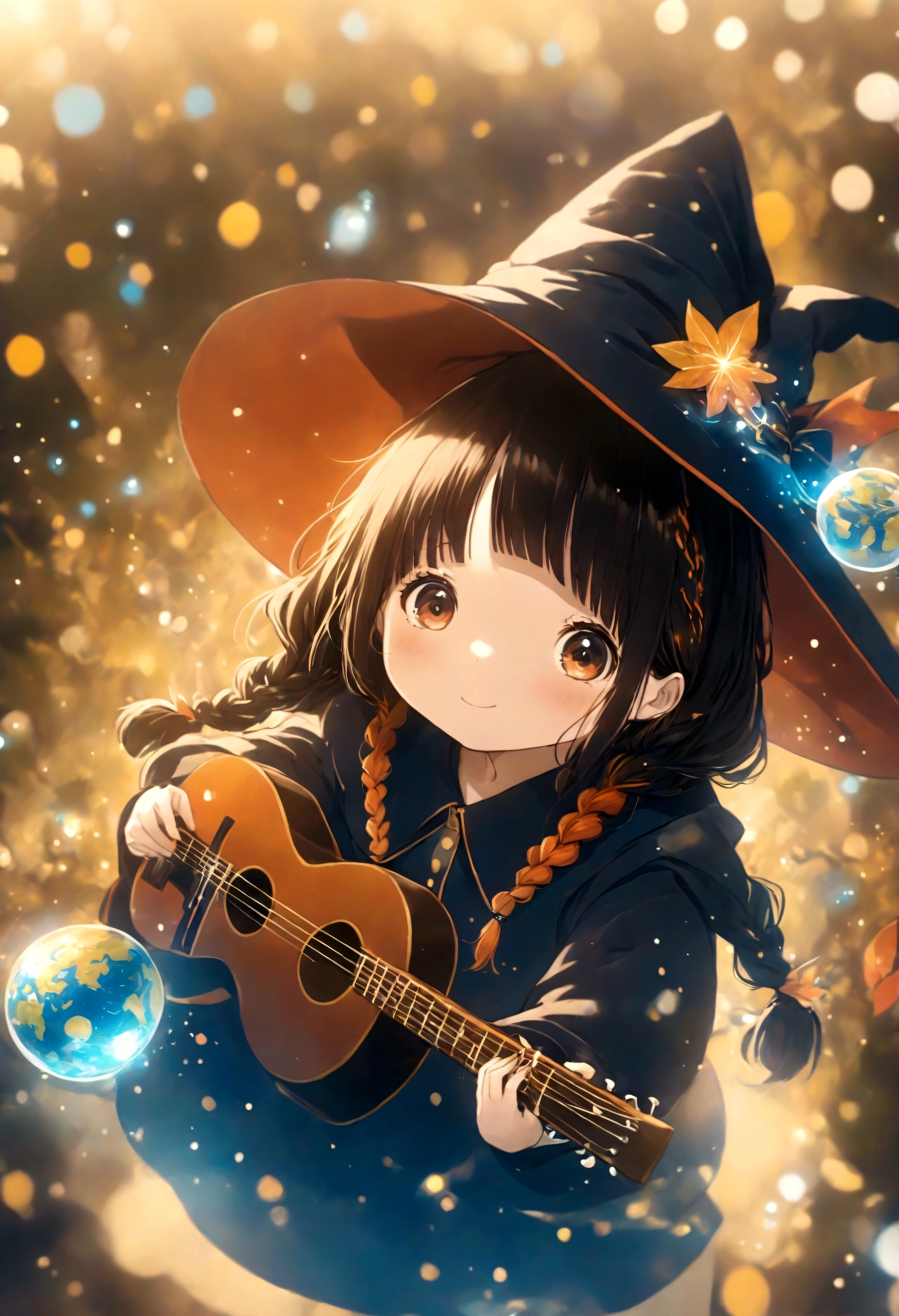 With red twin braids、, Cute anime style Hagrid, a young witch, Anime cute art style, Marisa Kirisame, Witch Girl, Anime Characters, as an Anime Characters, Has magical powers, young wizard, Different world, holding a guitar，ultra wide angle lens
