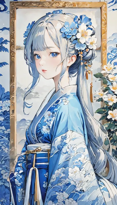 picture，Blue and white dress，Woman with flowers in her hair，Blue and white porcelain style，Hanfu girl，chinese art style，美しいキャラクタ...