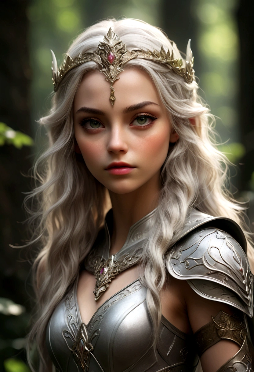 ((Masterpiece)), (Best Quality), (Cinematic),(extrem detailliertes CG Unity 8k-Hintergrundbild), ((upper body with hand)), 1/2 portrait,(with visible hand)1girl, fit, small breasts, a stunning beautiful elf warrior princess who looks dreamy in her a beautifully crafted fine and perfect fitting armor-dress. with one hand  towards she is showing us a fine curved dagger in elf-handcrafted style.  on her head she has decorative tiara with the same ornaments like her armor. the scenery is a little bit gritty but also awe inspiring.,1 line drawing,makeup