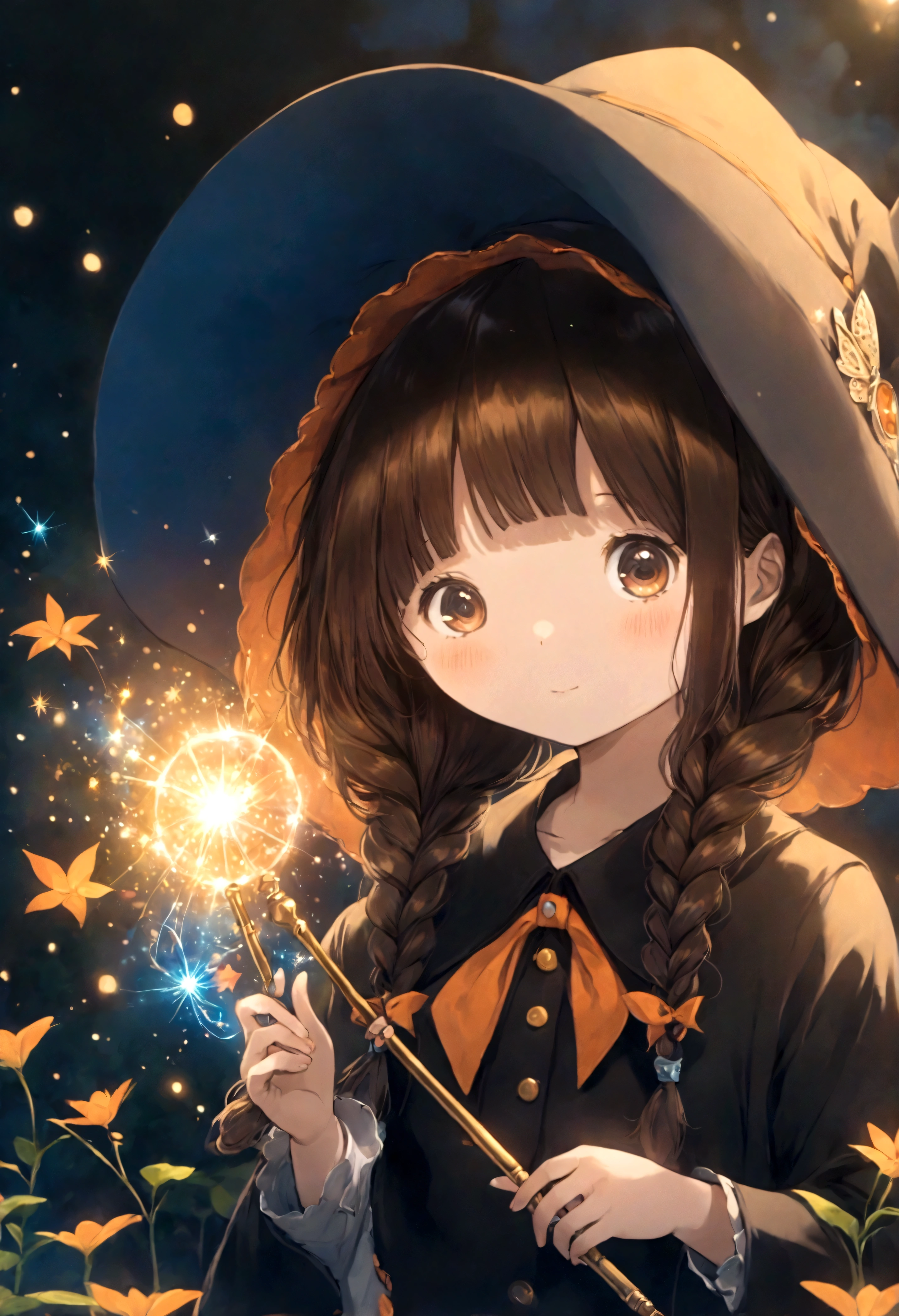 With red twin braids、, Cute anime style Hagrid, a young witch, Anime cute art style, Marisa Kirisame, Witch Girl, Anime Characters, as an Anime Characters, Has magical powers, young wizard, Different world, holding a magic wand
