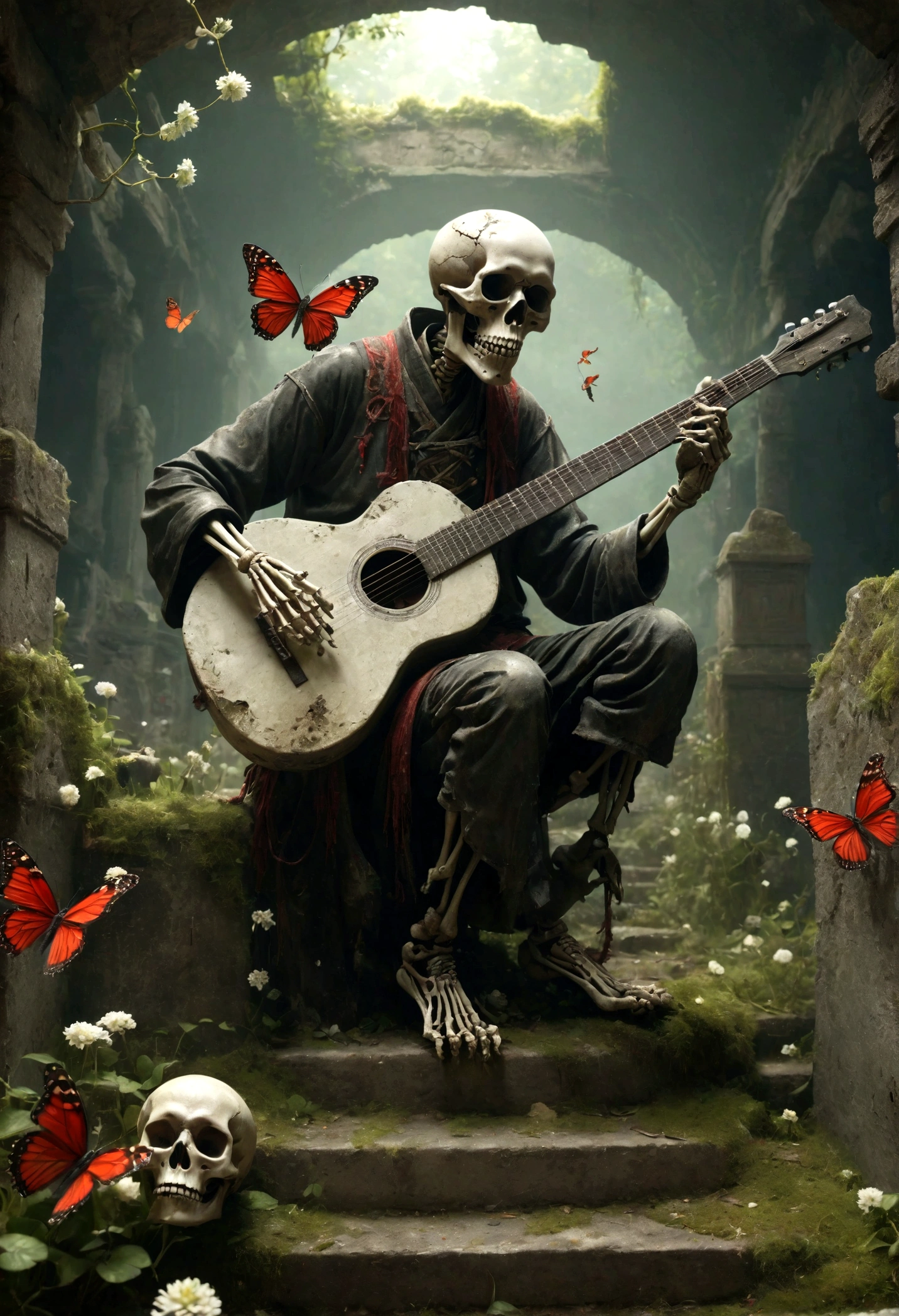 a skeletal figure playing a guitar, melancholic, desolate, moss-covered, dilapidated, squalid, (best quality,4k,8k,highres,masterpiece:1.2),ultra-detailed,(realistic,photorealistic,photo-realistic:1.37),dark fantasy,grim,moody lighting,dramatic shadows,cinematic,moody color palette,muted tones,grunge,decaying,weathered，tattered，Small white flowers，Ancient Chinese tombs，Dungeons，Cemetery，Black red，There is a broken bowl in front.，The Trail，Stairs，vine，rainwater，Swarms of glowing butterflies