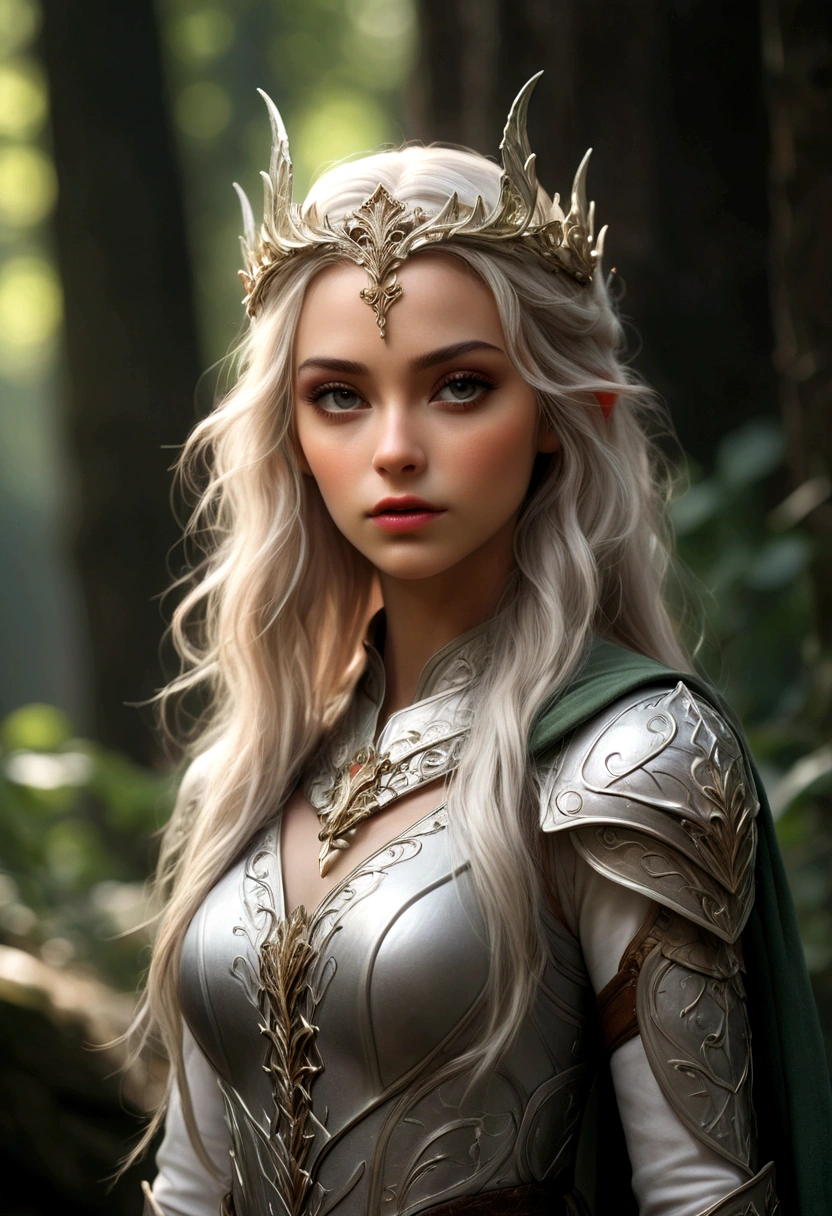 ((Masterpiece)), (Best Quality), (Cinematic),(extrem detailliertes CG Unity 8k-Hintergrundbild),(( head to toe in frame)),(highly accurate drawing in every detail)(extremely precise representation)1girl, fit, small breasts, a stunning beautiful elf warrior princess who looks dreamy in her a beautifully crafted fine and perfect fitting armor-dress. with one hand towards she is showing us a fine curved dagger in elf-handcrafted style. on her head she has decorative tiara with the same ornaments like her armor. the scenery is a little bit gritty but also awe inspiring.,1 line drawing,makeup