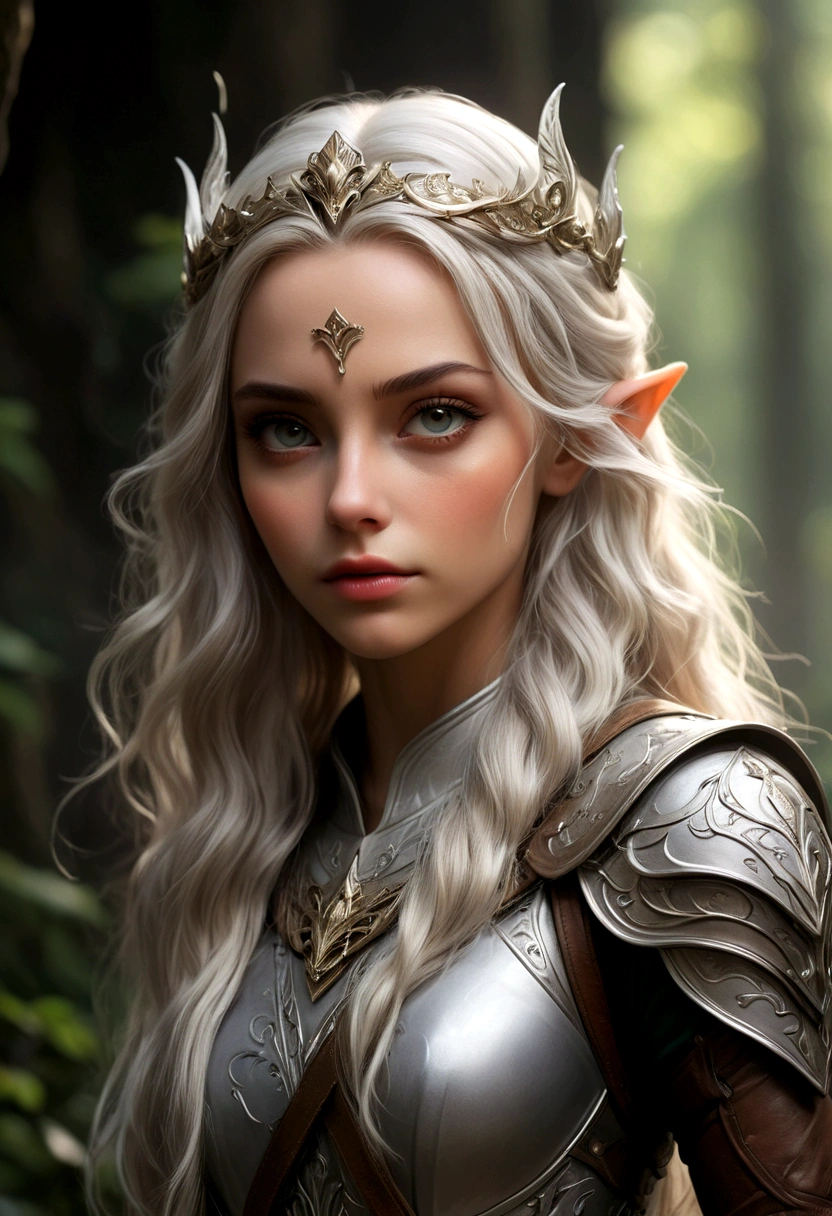 ((Masterpiece)), (Best Quality), (Cinematic),(extrem detailliertes CG Unity 8k-Hintergrundbild),(( head to toe in frame)),(highly accurate drawing in every detail)(extremely precise representation)1girl, fit, small breasts, a stunning beautiful elf warrior princess who looks dreamy in her a beautifully crafted fine and perfect fitting armor-dress. with one hand towards she is showing us a fine curved dagger in elf-handcrafted style. on her head she has decorative tiara with the same ornaments like her armor. the scenery is a little bit gritty but also awe inspiring.,1 line drawing,makeup