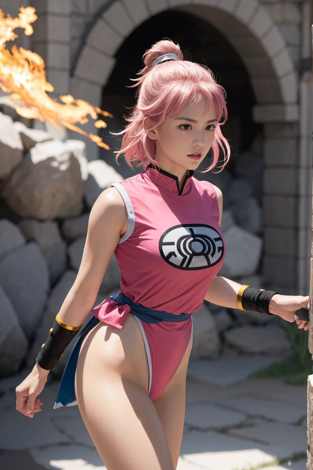 A hyper-realistic cinematic portrait of a strikingly beautiful Female Japanese martial artist from a fantasy realm, her vivid bubblegum pink hair styled in an intricate topknot secured by a black scrunchie. She wears a sleeveless pink martial arts uniform with a lightweight yet sturdy pink breastplate and shoulder guards adorned with intricate golden patterns resembling ethereal flames, her toned legs accentuated by a striking blue swimsuit bottom that allows for maximum flexibility in combat. An aura of dynamic, adrenaline-fueled combat surrounds her, conveying a sense of raw power tempered by poise and grace. Captured from a dramatic low-angle that exaggerates her imposing stature, with cinematic filters and HDR effects that cast harsh shadows accentuating every curve, the portrait exudes an atmosphere of intensity and kinetic energy