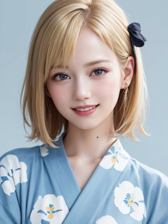 (highest quality、8k、32k、masterpiece)、(RAW Photos)、(Realistic)、(High resolution)、Very detailedな、Very beautiful face and eyes、One Girl、Round and small face、Delicate body、(close、highest quality、Rich skin detail、highest quality、8k)、Very detailed、(Realistic、Realistic:1.37)、Vibrant colors、(((Laughter)))、(((Blonde)))、(((Touch your chest with your right hand)))、(((smile)))、(((Bust Shot)))、(((White Background)))、((Medium Hair))、(((White wall background)))、(((blonde)))、(((She is wearing a yukata with a pop design..)))、(((Brown and light blue yukata)))、(((White wall background)))、