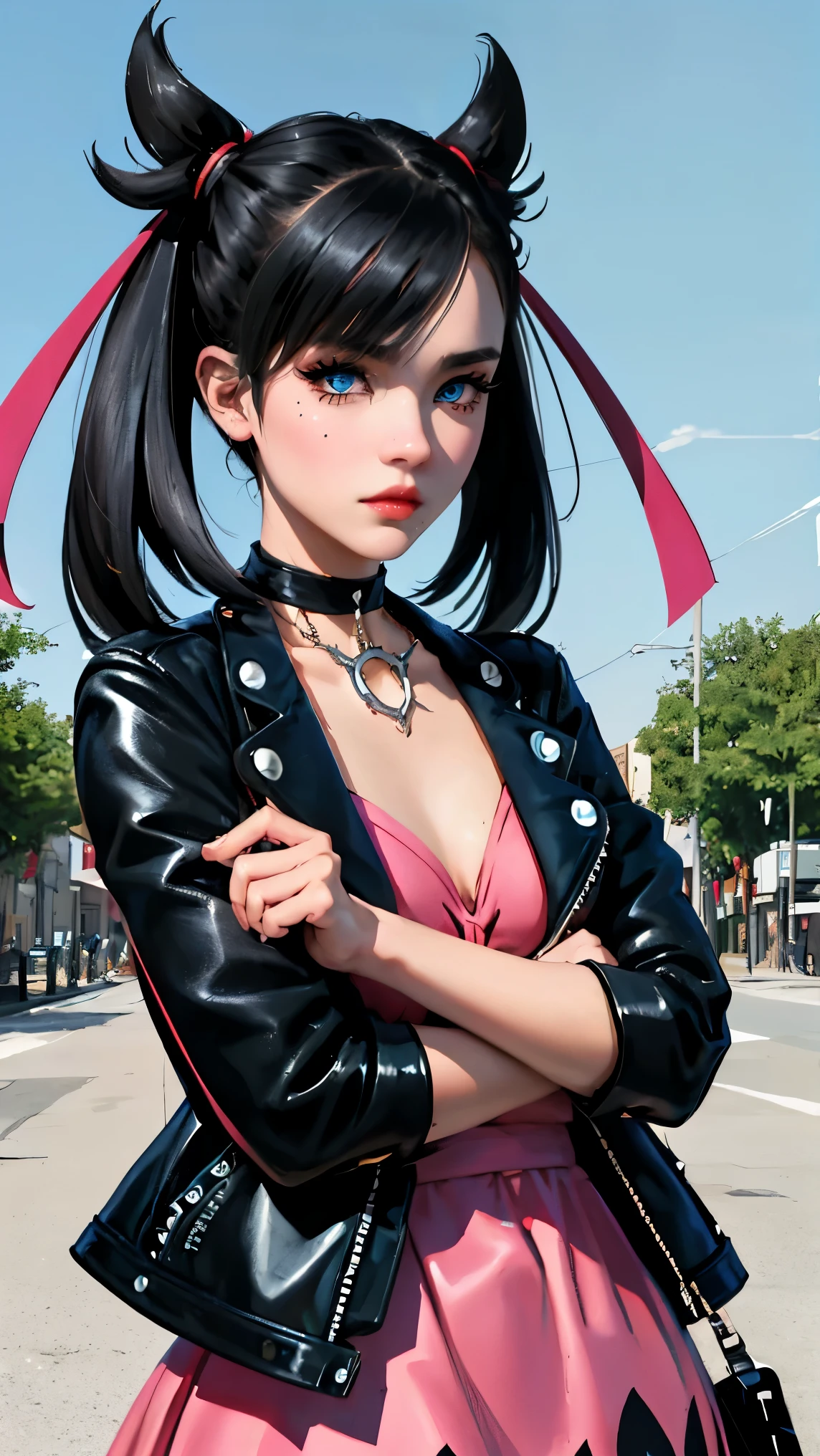 marnie (pokemon), punk girl, masterpiece, best quality, high resolution, marnie, aquamarine eyes, choker, Red ribbon, side bangs, black hair, long hair, big breasts, black leather jacket, pink dress, masterpiece, best quality, spring outfit, colorful hair, exterior, magazine cover, upper body, Adult, 26 years.