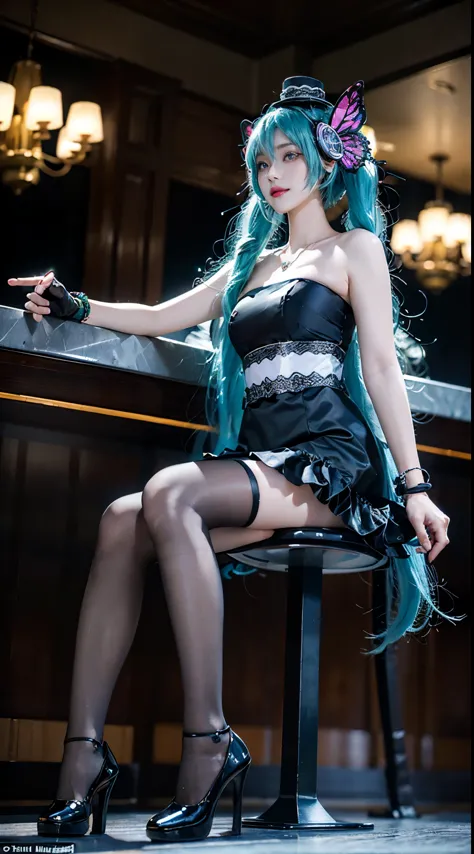 hatsune miku cosplay costume, hatsune miku, cosplay, twintails, aqua hair, very long hair, strapless dress, dress, fingerless gl...