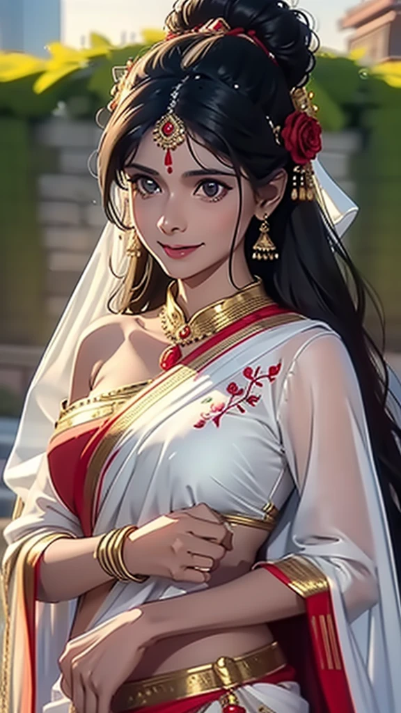 (best quality,8k,highres,masterpiece:1.2),ultra-detailed,realistic,indian woman,30 years old,full body image,glowing skin,bun hair style,looking at viewer,beautiful detailed face,Shy smile,white silk saree with red rose embroidery,detailed clothing style,day time