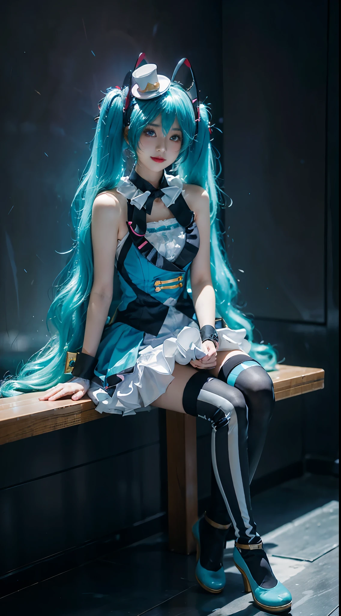 hatsune miku cosplay costume, hatsune miku, magical mirai miku, cosplay, aqua hair, twintails, very long hair, vest, sleeveless dress, frills, asymmetrical gloves, bowtie, mini hat, hair ornament, gloves, wrist cuffs, asymmetrical legwear, vertical-striped thighhighs, shoes((whole body)), ((from below)), ((Sitting)), ((sitting on a bar stool)), Clear face, Pretty Face, 8K, masterpiece, original photo, best quality, detail:1.2,lifelike, detail, Very detailed, CG, Unite, wallpaper, Depth of Field, Movie Lighting, lens flare, Ray tracing, (extremely beautiful face, Beautiful lips, beautiful eyes), Wheels within wheels, detail的脸, (Bare shoulders), ((ultra detailed skin)), 1 girl, in the darkness, Deep Shadows, Beautiful korean girl, Korean Idol,(Very slim figure:1.3), Full breasts, Large Breasts, Slender sexy legs, Very beautiful legs, Elegant Posture, (A big smile), (City night, (Neon), (night), Beautiful korean girl, White Diamond Earrings, diameter bracelet, Deya Necklace, Clear eyes, (big eyes)