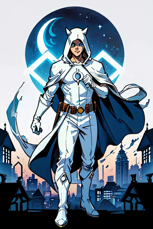 mcu version of Moon Knight standing up on a building. with a white hoodie on top and blue eyes, mummy bandges around his suit with a half-moon symbol on his chest and a white mask. blood on his hands. (high quality master piece) white gloves and boots