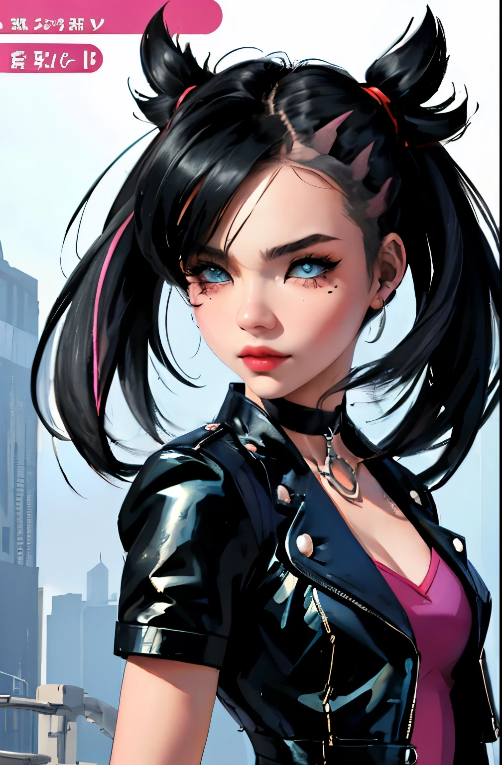 marnie (pokemon), punk girl, masterpiece, best quality, high resolution, marnie, aquamarine eyes, choker, Red ribbon, side bangs, black hair, long hair, big breasts, black leather jacket, pink dress, masterpiece, best quality, spring outfit, colorful hair, exterior, magazine cover, upper body, Adult, 26 years.