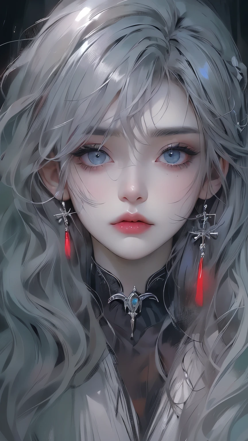 (masterpiece,best quality,Super detailed),1 Girl,Beautiful and detailed face, Delicate eyes,Looking at the audience, Colorful eyes,((Gray Theme),((Frustration, sadness, Melancholy)),gray skin,Tired expression,sad,Swelling of the eyelids,((very close)),cry,Gothic Makeup, There are hairs above the eyes,Eyes covered by hair,A vampire-style castle in the background