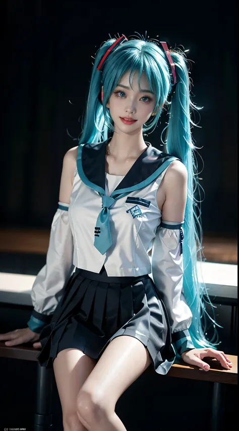 hatsune miku, cosplay, aqua hair, twintails, hair ornament, very long hair, headphones, alternate costume, , sailor collar, sera...