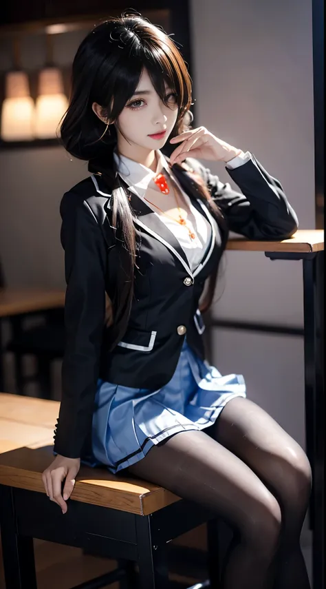 tokisaki kurumi
sobu high 
cosplay,
, blazer, collared shirt, neck ribbon, pleated skirt, pantyhose, hair rings, loafers,
hair o...