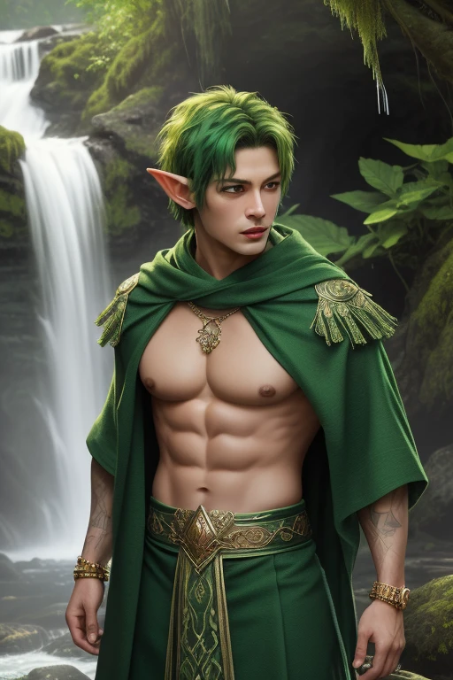 best quality,masterpiece,Ultra high detail,A handsome muscular fractal green hair elf druid prince, Short green hair,topless,),(wearing green wardrobe with jewelry ),realistic, waterfalls background, light environment 