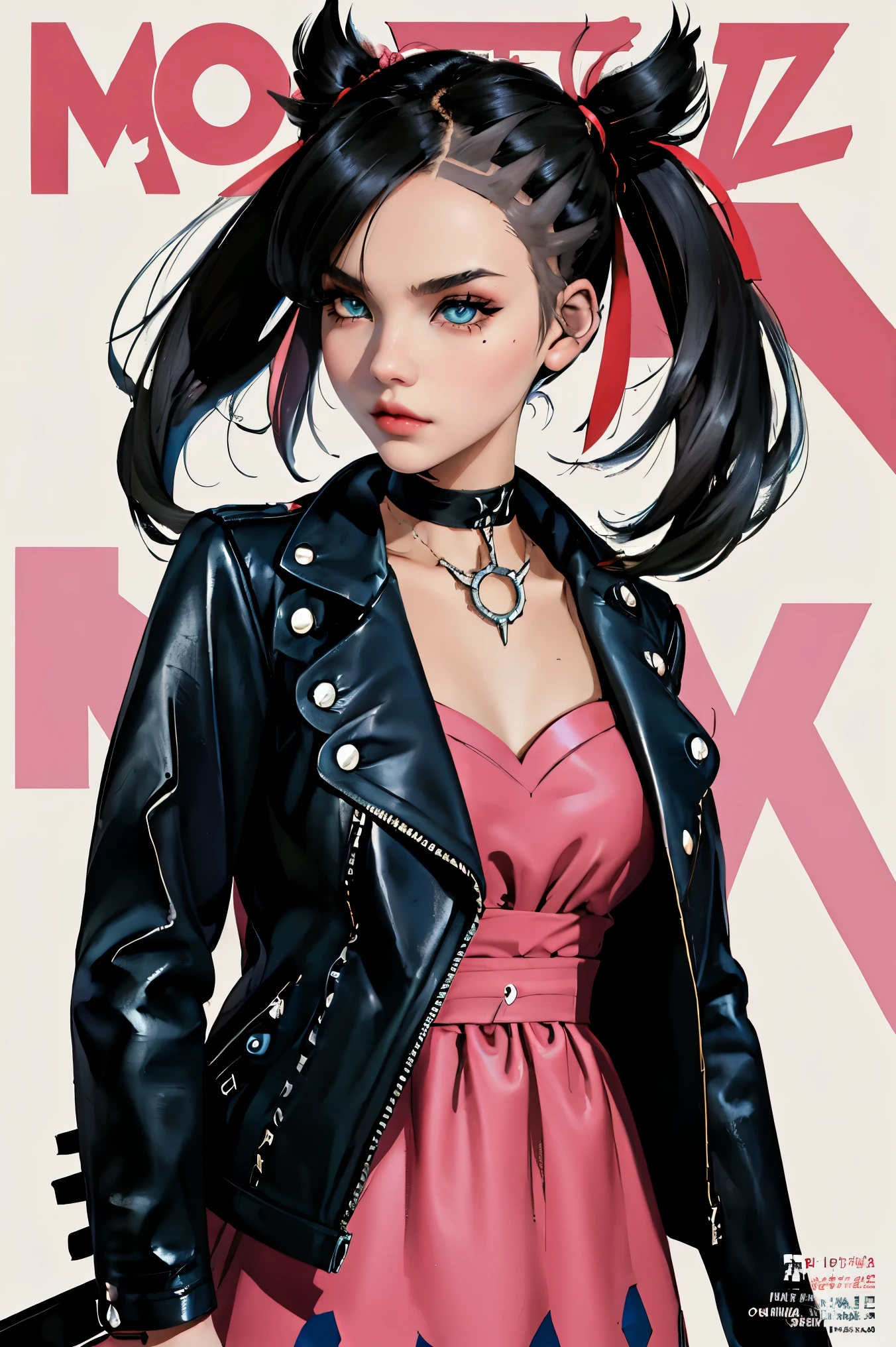 Marnie (Pokémon), fille punk, chef-d&#39;œuvre, meilleure qualité, Haute résolution, Marnie, yeux aigue-marine, foulard, ruban rouge, frange latérale, cheveux noirs, cheveux longs, gros seins, veste en cuir noir, robe rose, chef-d&#39;œuvre, meilleure qualité, tenue de printemps, Cheveux colorés, extérieur, couverture de magazine, haut du corps, adulte, 26 ans.