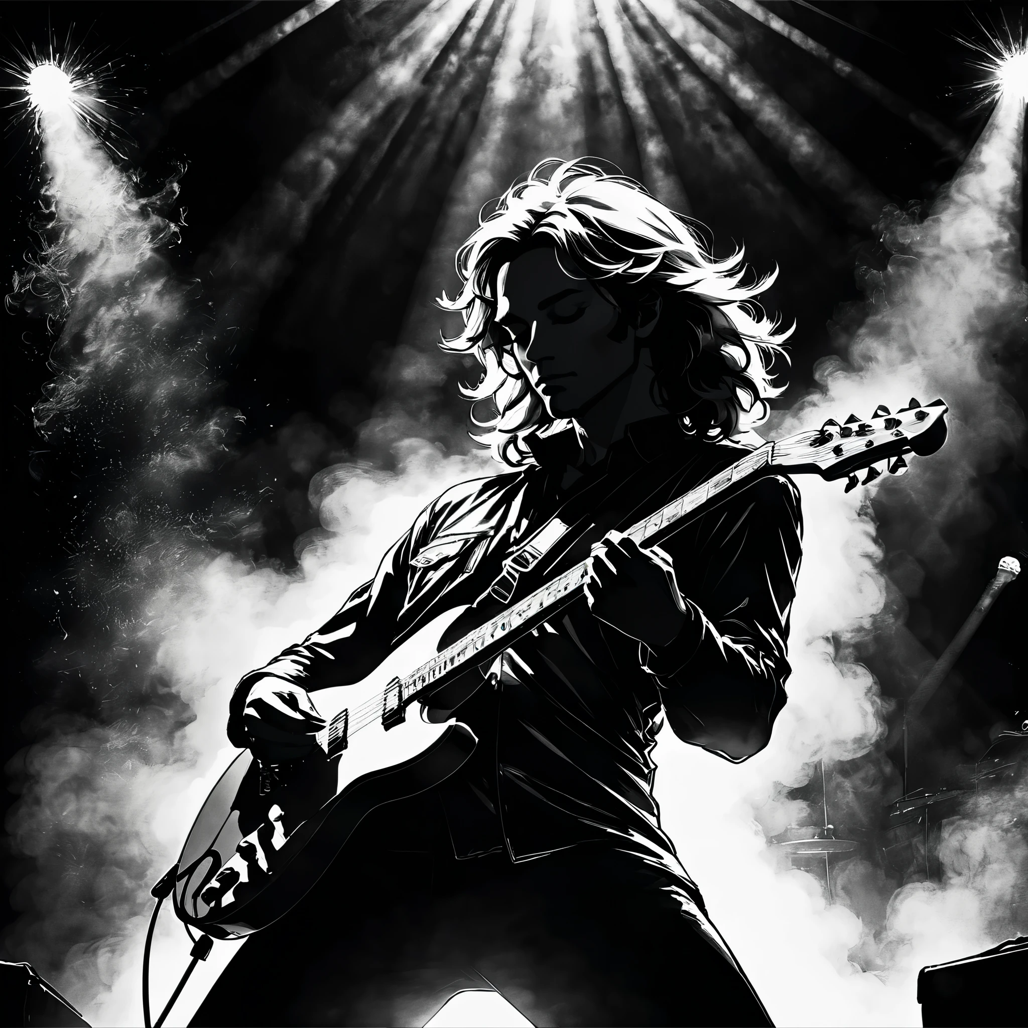 Illustration of guitarist, silhouette of male guitarist in his 50s, long hair, perm, backlit by intense lighting behind the stage, on a huge outdoor stage, very thick brush, Edge: 1.5, dark fantasy, light and shadow, black and white, contrast, high detail, intricate detailed, BREAK Smoke: 1.6, backlit, artistic smoke
