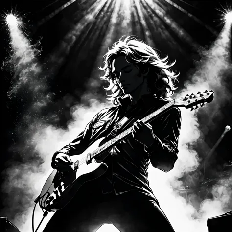 Illustration of guitarist, silhouette of male guitarist in his 50s, long hair, perm, backlit by intense lighting behind the stag...