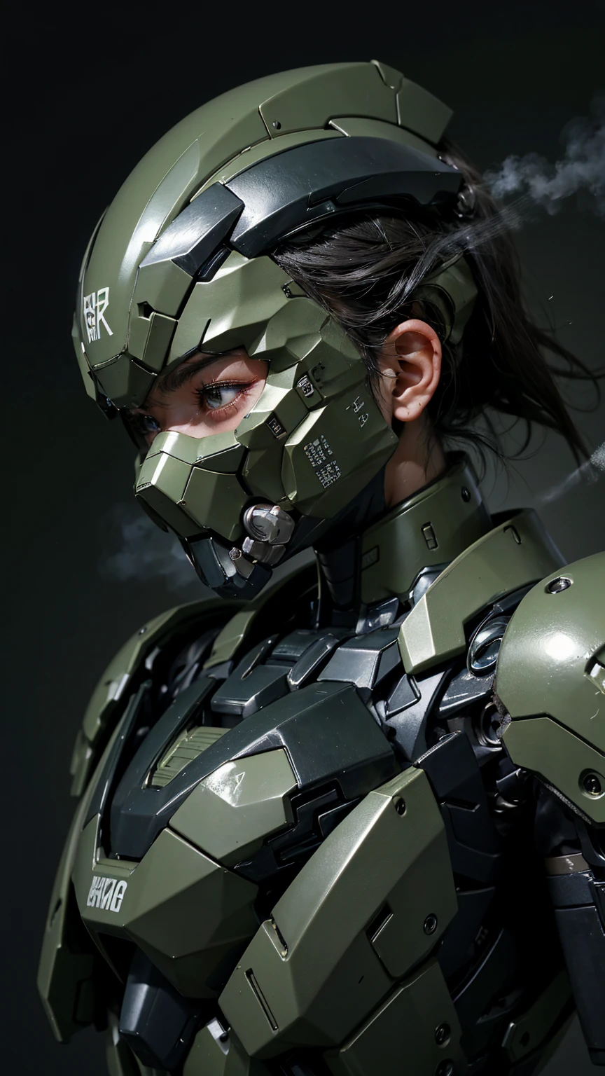 最high quality非常に詳細, Advanced Details, high quality, 最high quality, High resolution, 1080p, hard disk, beautiful,(War Machine),(Snug-fitting headgear),See the big picture,beautifulサイボーグ女性,Dark Green Mecha Cyborg Girl,Battle Mode,Mecha Body Girl　8k dark green body armor　Elementary school girl　Sweaty face　Droopy eyes　short hair　Gas mask with extension nozzle　boyish　Steam coming out of my head　My hair is wet with sweat　Black Hair, Steam coming out of the mouth　No exposed skin　Character Focus　Only the eyes are exposed