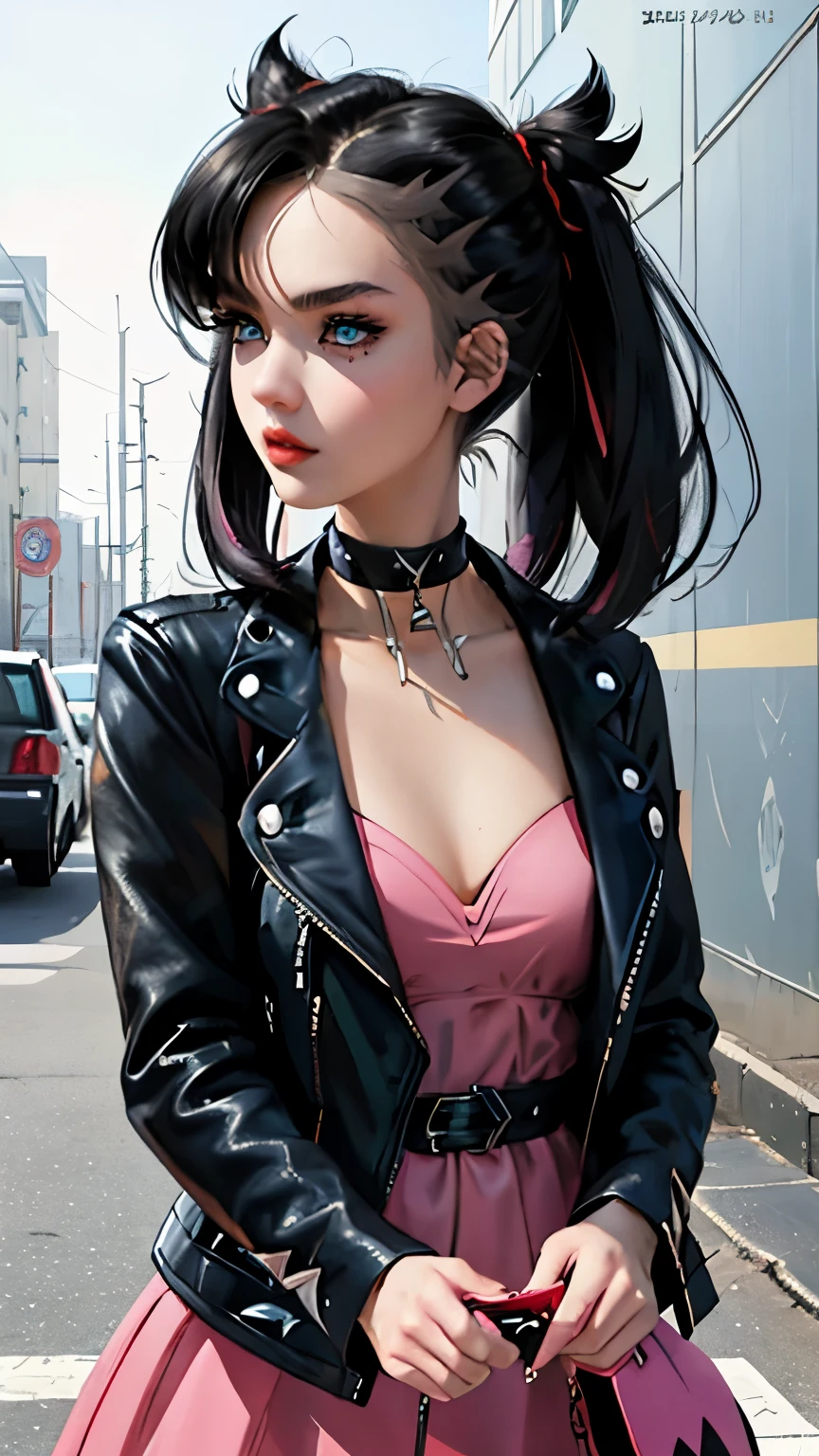 marnie (pokemon), punk girl, masterpiece, best quality, high resolution, marnie, aquamarine eyes, choker, Red ribbon, side bangs, black hair, long hair, big breasts, black leather jacket, pink dress, masterpiece, best quality, spring outfit, colorful hair, exterior, magazine cover, upper body, Adult, 26 years.