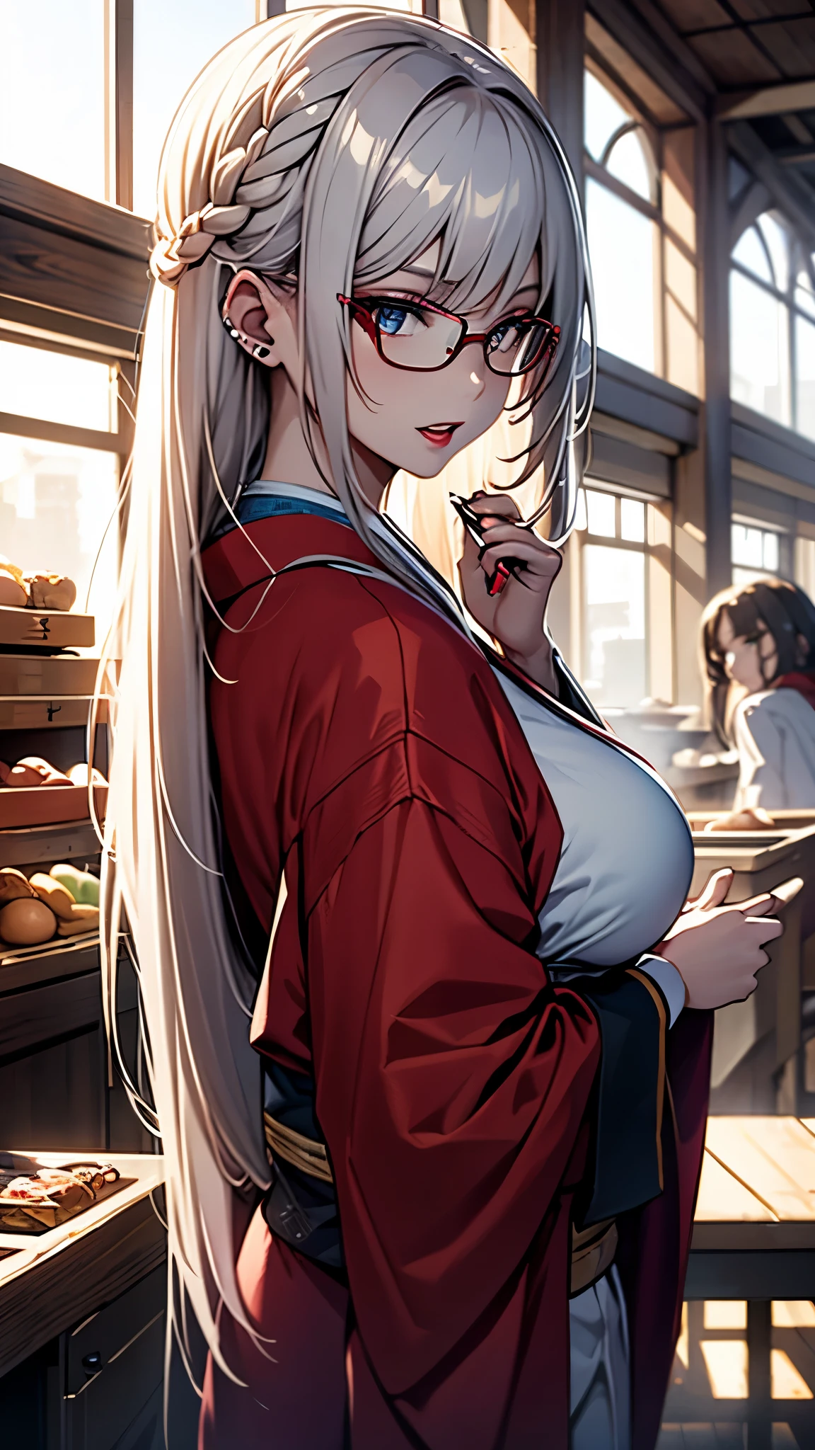 (1girl:1.3), Masterpiece, Best quality, amazing beauty, [[3D]], 4K, absurdres, finely detail, super detailed eye, perfect anatomy, official art, cinematic lighting, BREAK, Island, silky long hair, long braid, white hair, super shiny detailed blue eyes, big eyes, cute eyes, thick eyebrow, Gazing Upward, open-mouth, full lips, straight teeth, rouge, False eyelashes, red lips, red round cell frame glasses, piercing, excited face, BREAK , big breasts, tall, medium, gloss skin, nibble at bread, from behind, BREAK ,kimono, BREAK,