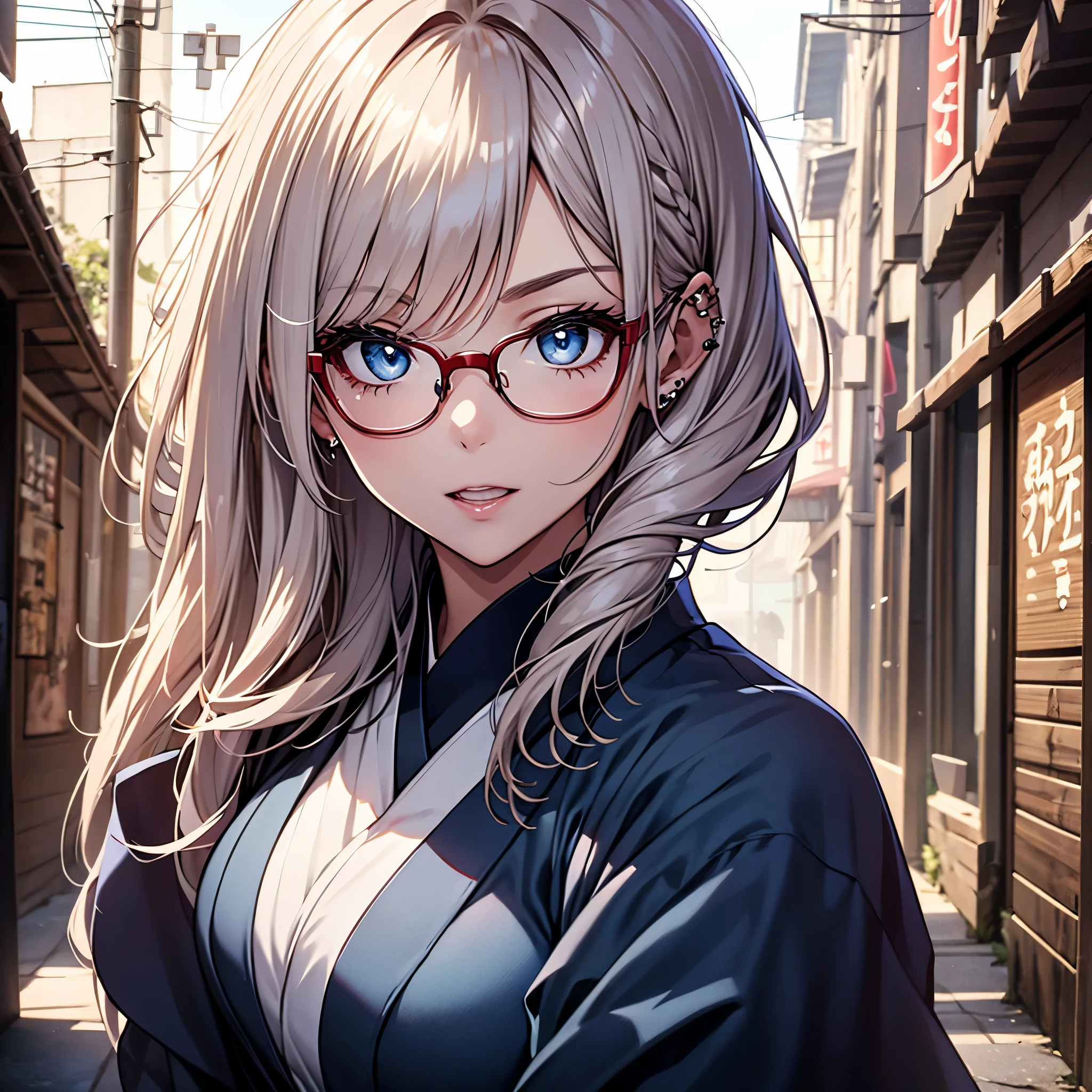 (1girl:1.3), Masterpiece, Best quality, amazing beauty, [[3D]], 4K, absurdres, finely detail, super detailed eye, perfect anatomy, official art, cinematic lighting, BREAK, Island, silky long hair, long braid, white hair, super shiny detailed blue eyes, big eyes, cute eyes, thick eyebrow, Gazing Upward, open-mouth, full lips, straight teeth, rouge, False eyelashes, red lips, red round cell frame glasses, piercing, excited face, BREAK , big breasts, tall, medium, gloss skin, seiza, from behind, BREAK ,kimono, BREAK,