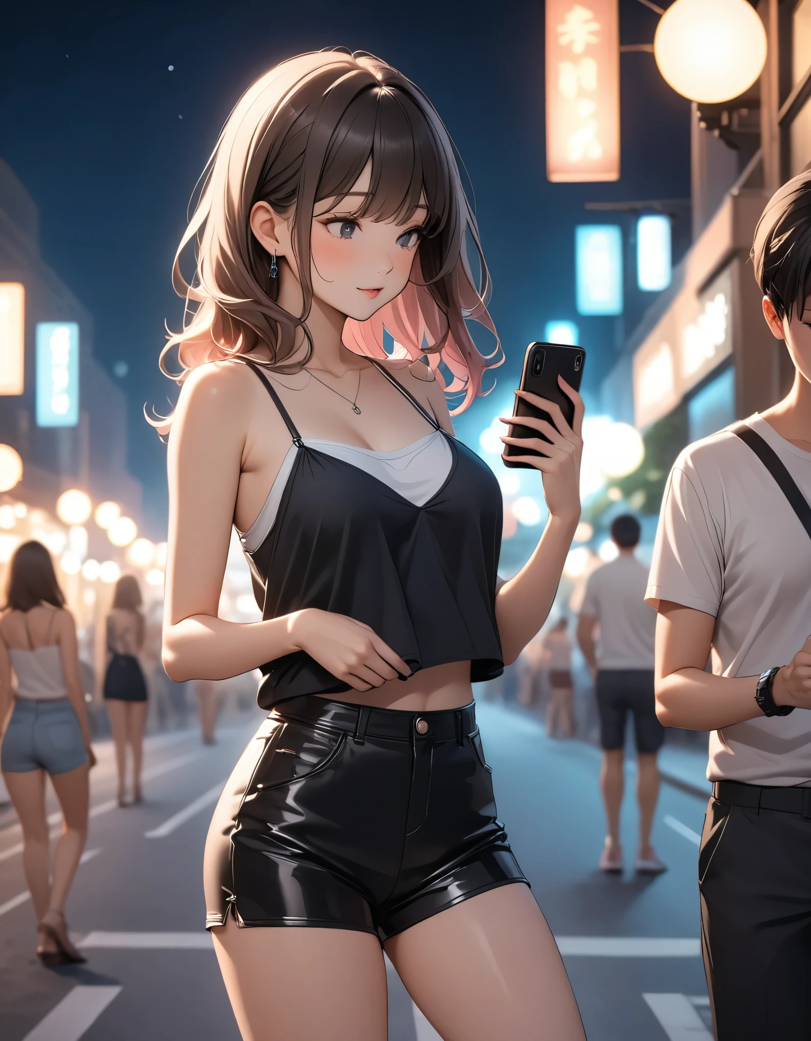 Beautiful woman, street lights at night, Fiddling with smartphones, Hot Pants, black, pink, summer, feel hot, Passersby, night gradient, fine details, Subtle tones, There is a sense of tranquility in the picture. Bokeh, 