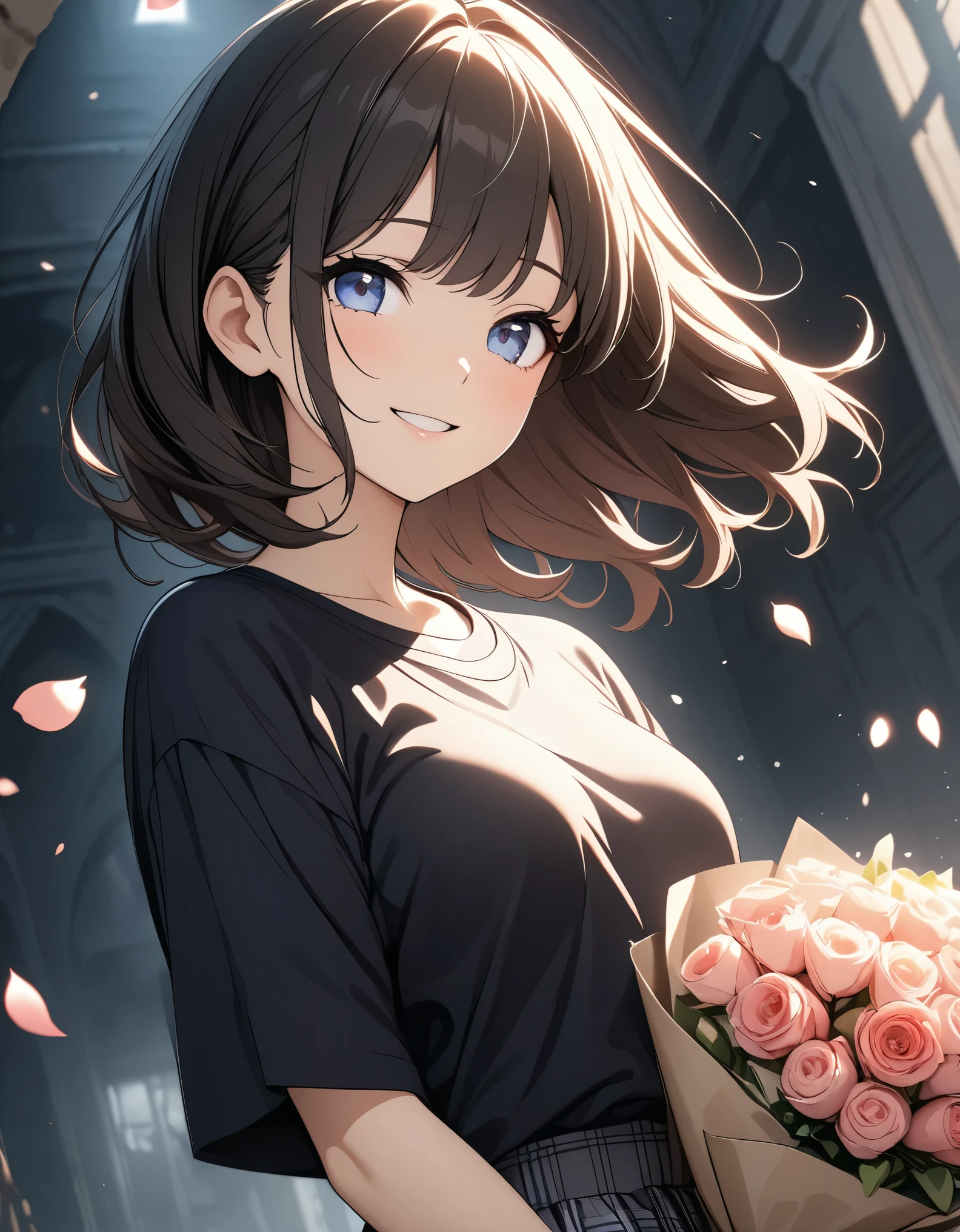 Middle view, Medium shot, Shallow depth of field, Broken into pieces, Upper Body, angle, masterpiece, best quality, Super detailed, CG, 8k wallpaper, Pretty Face, Exquisite eyes, A girl, Solitary, Smile, Bangs, shirt, skirt, petal, bouquet