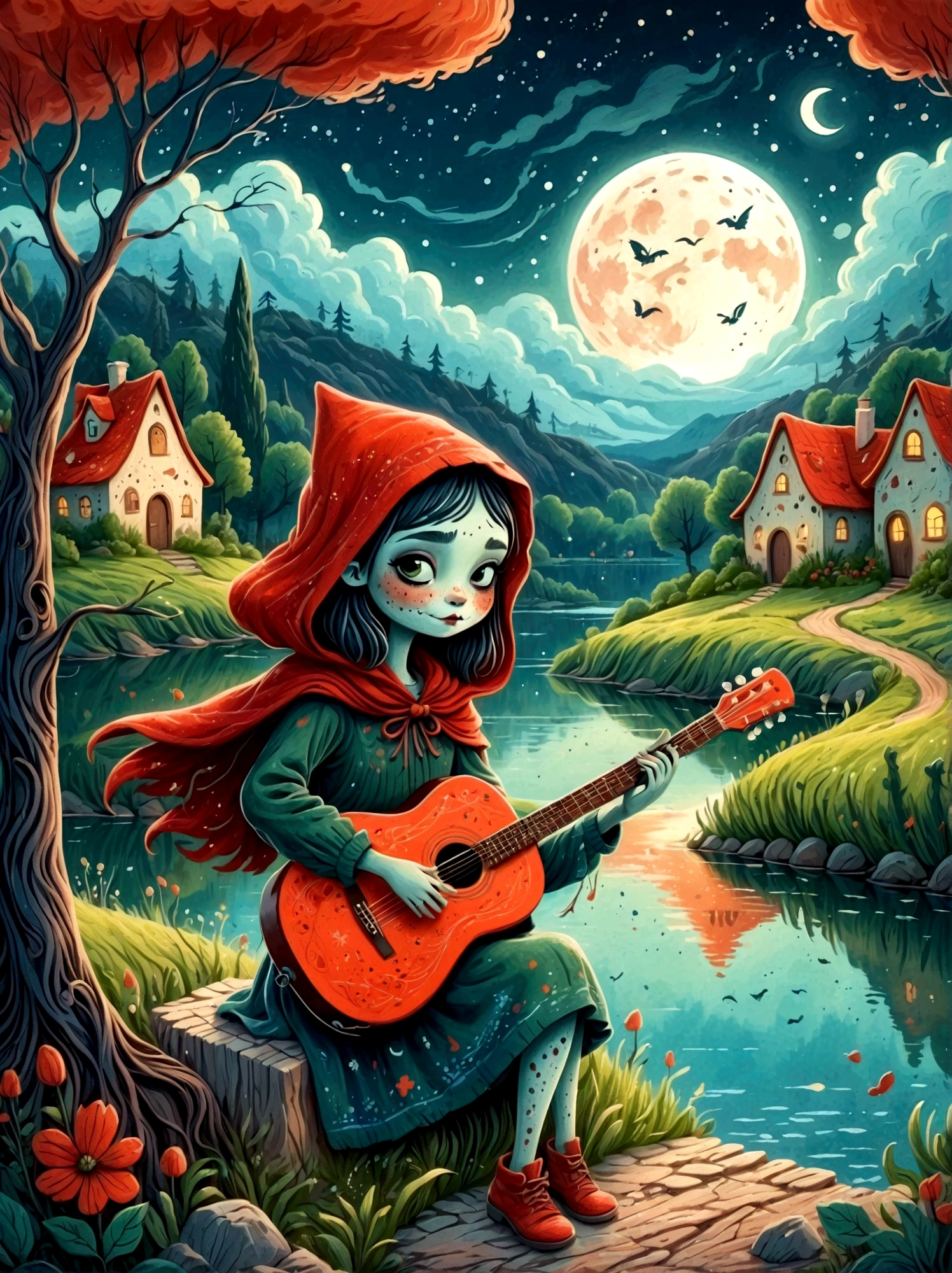 Cartoon hand drawn, 1girl, solo, Cute young charming little red riding hood girl，Strong zombie makeup, Playing an old guitar，the guitar player，Ghost Viewer，A dilapidated village by the lake, a dark forest and a vineyard，Starry nights，Gloomy and foggy atmosphere，The cute absurdity，The attraction and rejection of extraordinary appearance，Magical naive art，Bright blue and green，The color palette is in red, orange and black tones and has a sketchy style, The background should have a simple hand-drawn doodle pattern, 1shxx1