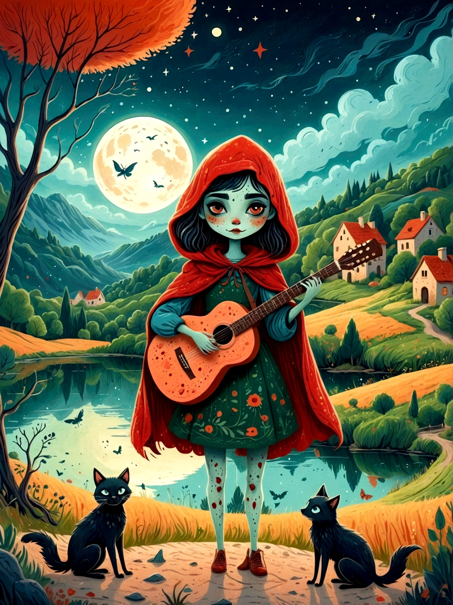 卡通手绘, 1個女孩, 獨自的, 可爱年轻迷人的小红帽女孩，浓浓僵尸妆, 弹奏一把旧吉他，吉他手，幽灵观察者，湖边破败的村庄, 一片黑暗的森林和一座葡萄园，繁星點點的夜晚，陰沉有霧的氣氛，可爱的荒谬，非凡外表的吸引与拒绝，神奇的天真藝術，明亮的蓝色和绿色，调色板是红色, 橙色和黑色的色调，具有粗略的风格, 背景应该有简单的手绘涂鸦图案, 1shxx1
