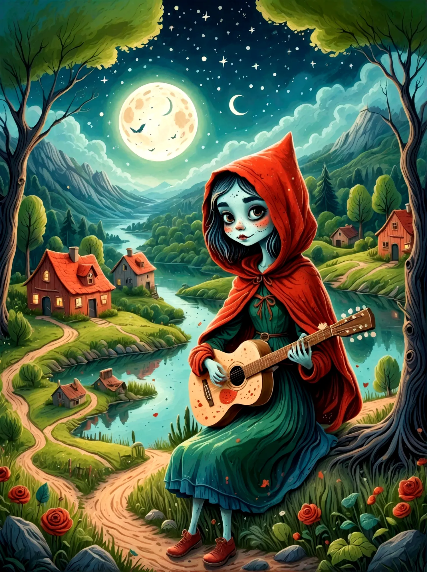Cartoon hand drawn, 1girl, solo, Cute young charming little red riding hood girl，Strong zombie makeup, Playing an old guitar，the...
