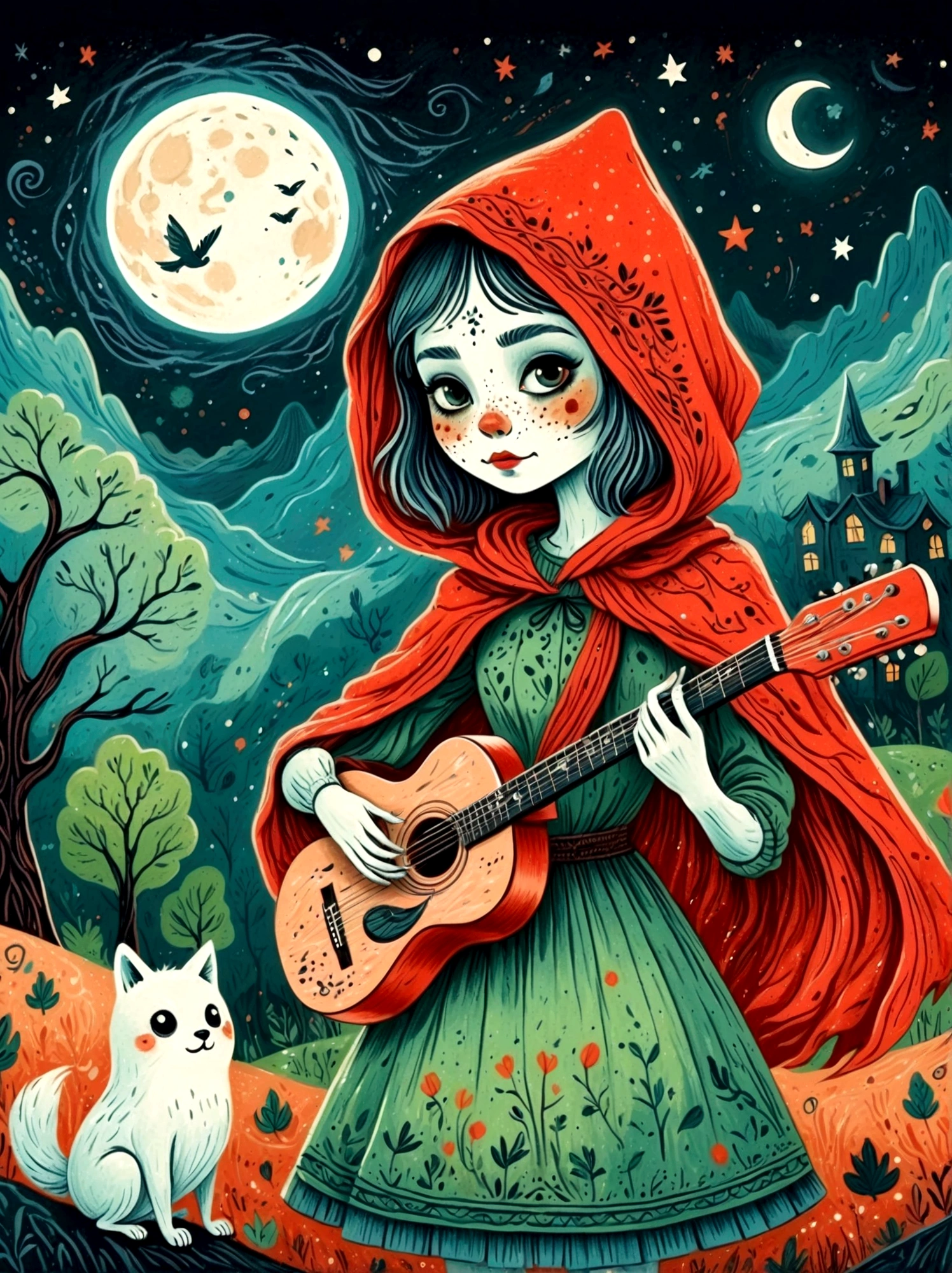 卡通手绘, 1女孩, 独自的, 可爱年轻迷人的小红帽女孩，浓浓僵尸妆, 弹奏一把旧吉他，吉他手，幽灵人群，幽灵观察者，演唱会现场，繁星点点的夜晚，阴沉而迷雾弥漫的氛围，可爱的荒谬，非凡外表的吸引与拒绝，神奇的天真艺术，明亮的蓝色和绿色，调色板是红色, 橙色和黑色的色调，具有粗略的风格, 背景应该有简单的手绘涂鸦图案, 1shxx1