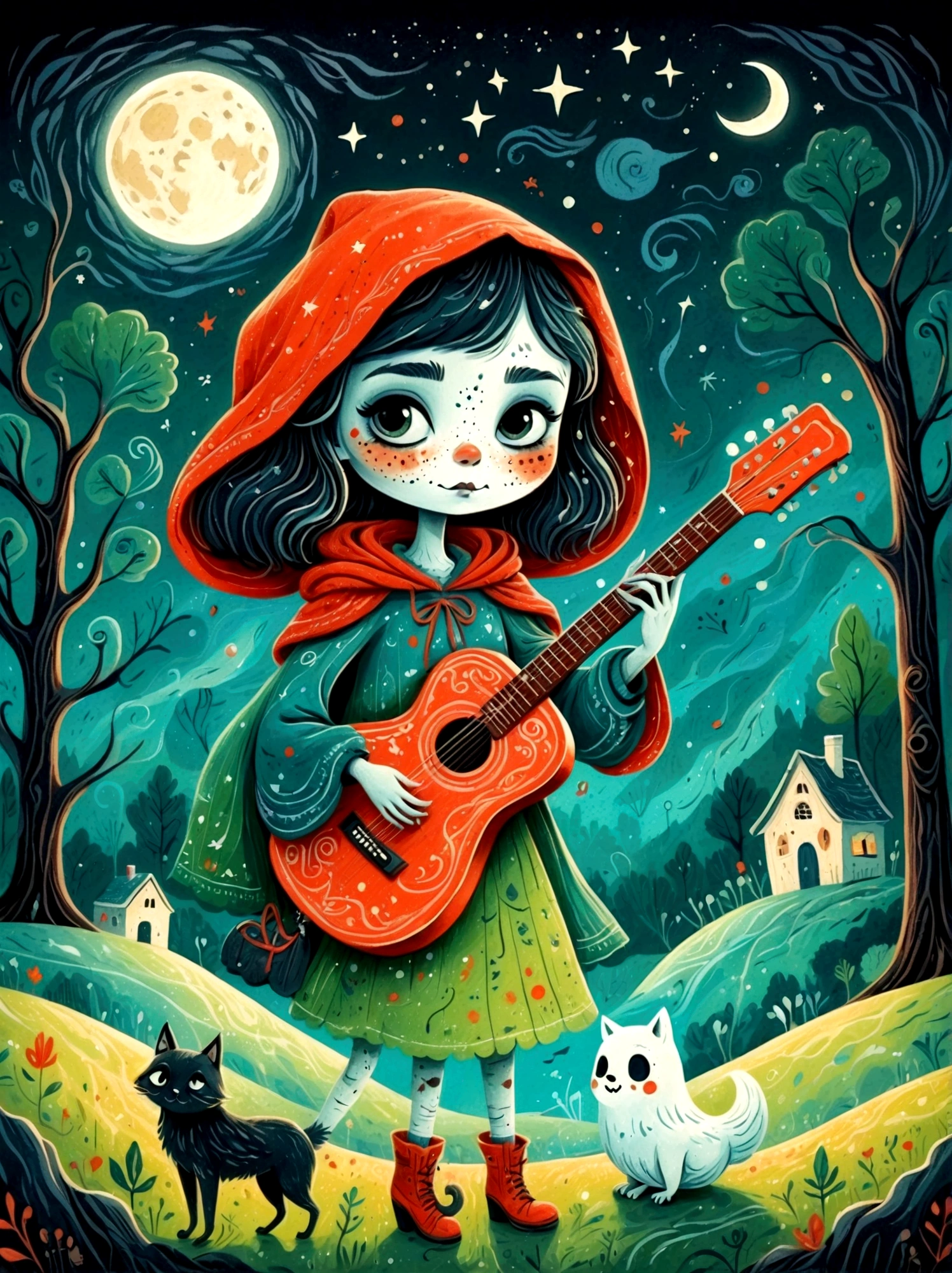 卡通手绘, 1個女孩, 獨自的, 可爱年轻迷人的小红帽女孩，浓浓僵尸妆, 弹奏一把旧吉他，吉他手，幽灵人群，幽灵观察者，演唱會現場，繁星點點的夜晚，陰沉有霧的氣氛，可爱的荒谬，非凡外表的吸引与拒绝，神奇的天真藝術，明亮的蓝色和绿色，调色板是红色, 橙色和黑色的色调，具有粗略的风格, 背景应该有简单的手绘涂鸦图案, 1shxx1