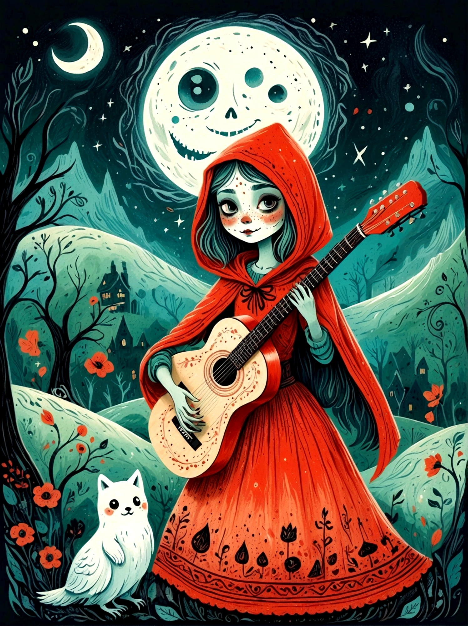 卡通手绘, 1個女孩, 獨自的, 可爱年轻迷人的小红帽女孩，浓浓僵尸妆, 弹奏一把旧吉他，吉他手，幽灵人群，幽灵观察者，演唱會現場，繁星點點的夜晚，陰沉有霧的氣氛，可爱的荒谬，非凡外表的吸引与拒绝，神奇的天真藝術，明亮的蓝色和绿色，调色板是红色, 橙色和黑色的色调，具有粗略的风格, 背景应该有简单的手绘涂鸦图案, 1shxx1