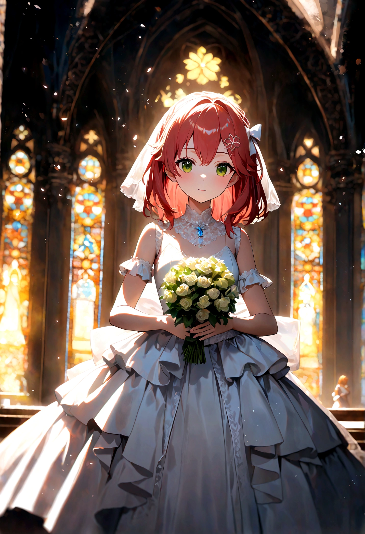 (((highest quality))),((Super detailed)),1girl,sakura miko,hololive,((figure)),((Disheveled Hair)),((Frills)),(1 girl),(alone),masterpiece, highest quality, High resolution, Hmm 1, One girl, Hair Ribbon, short hair, wedding style dress, wedding style_Veil, bouquet, church, Cowboy Shot,