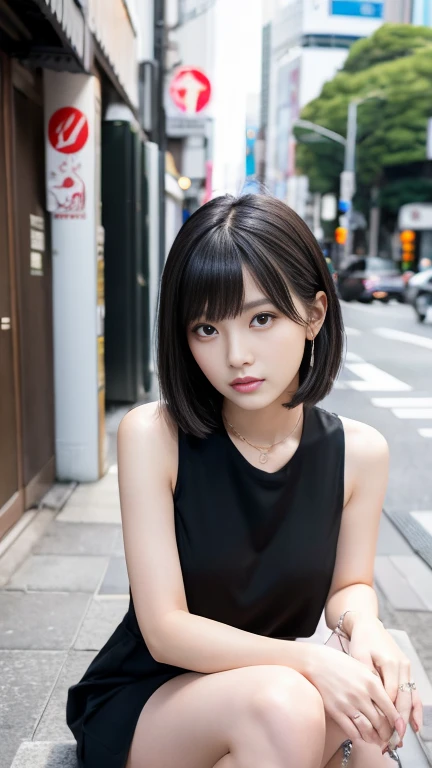 Ultra-high resolution, Superior Quality, highest quality, Super detailed, Realistic, 8k, RAW Photos, highest quality, masterpiece, Attractive girl, A wonderful girl, Black Hair, Asymmetrical bangs, Japanese Idols, Sophisticated, stylish, camisole, Sitting, Shibuya Ward, 