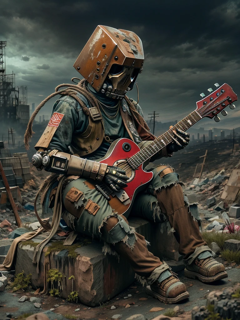 wasteland，(A very poor old mech sitting on a rock playing guitar:1.3)，(the guitar player)，(Sitting:1.2)，rust，Wearing tattered armor，The skyline in the distance，Gothic，moss，（A small white flower），（Cemetery），Gothic教堂，（Blood red moon），Gothic元素，wildfires，cold，gloomy