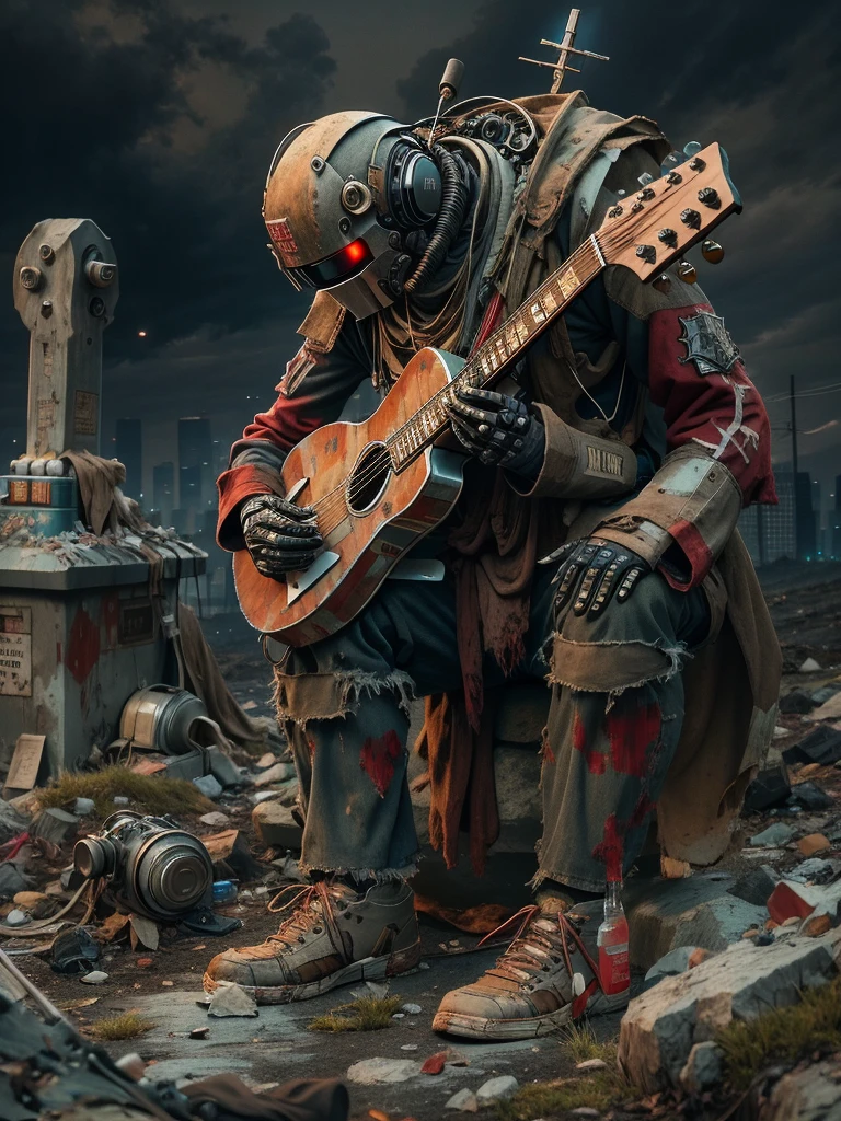 wasteland，(A very poor old mech sitting on a rock playing guitar:1.3)，(the guitar player)，(Sitting:1.2)，rust，Wearing tattered armor，The skyline in the distance，Gothic，moss，（A small white flower），（Cemetery），Gothic教堂，（Blood red moon），Gothic元素，wildfires，cold，gloomy